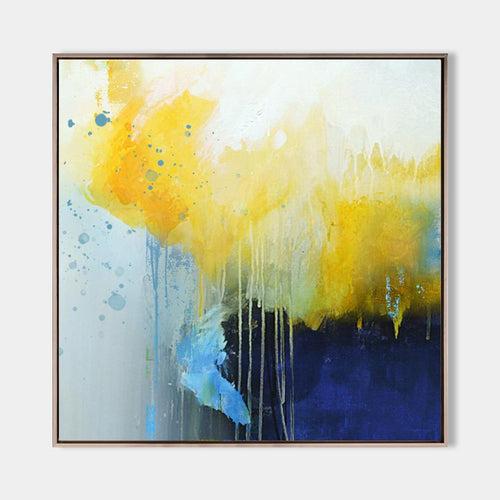 Original hand painted yellow navy blue drip abstract oil painting canvas wall art, modern scandinavian elegant luxury home decor interi