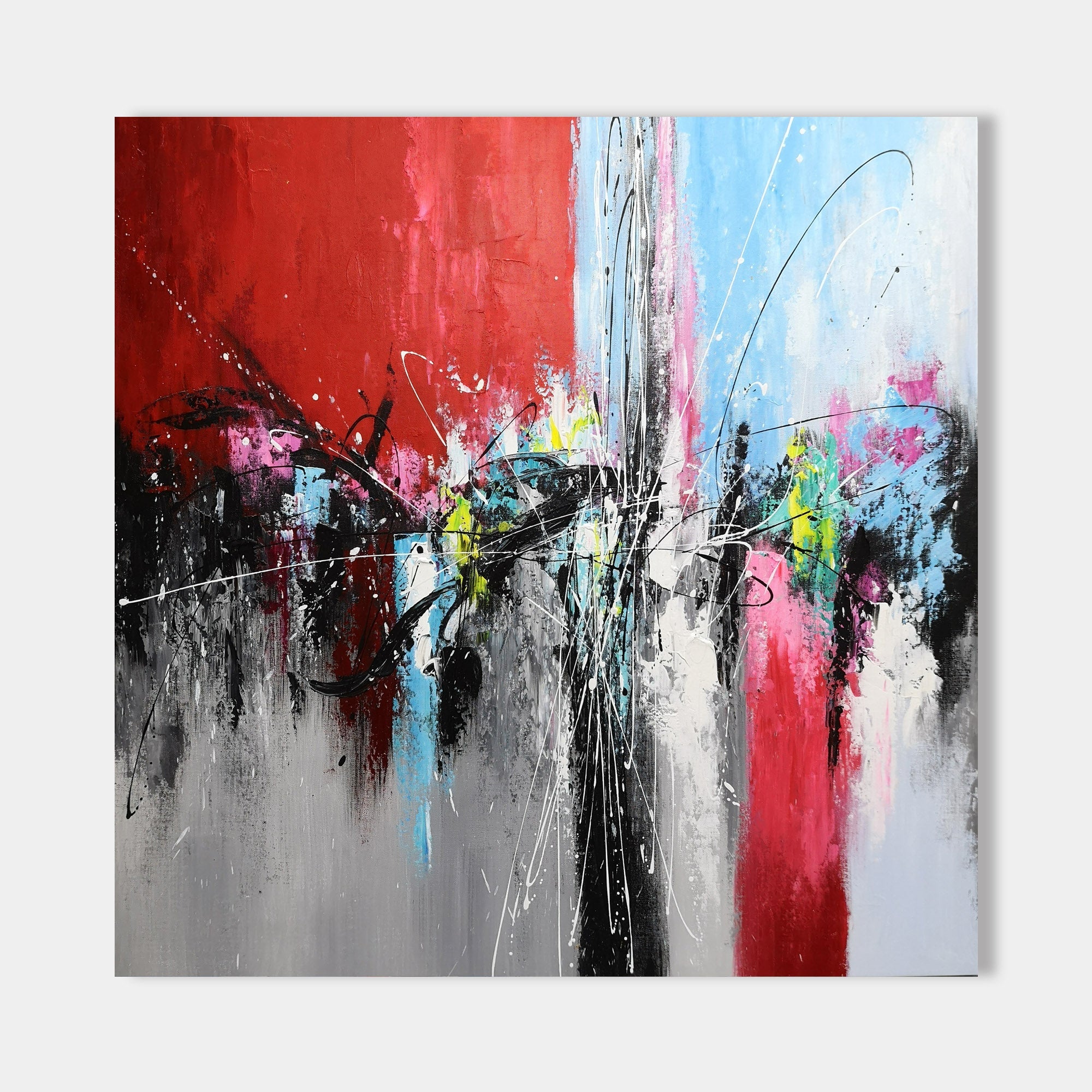Original hand painted red blue black abstract oil painting canvas wall art, modern elegant luxury gestural splatter home decor interior