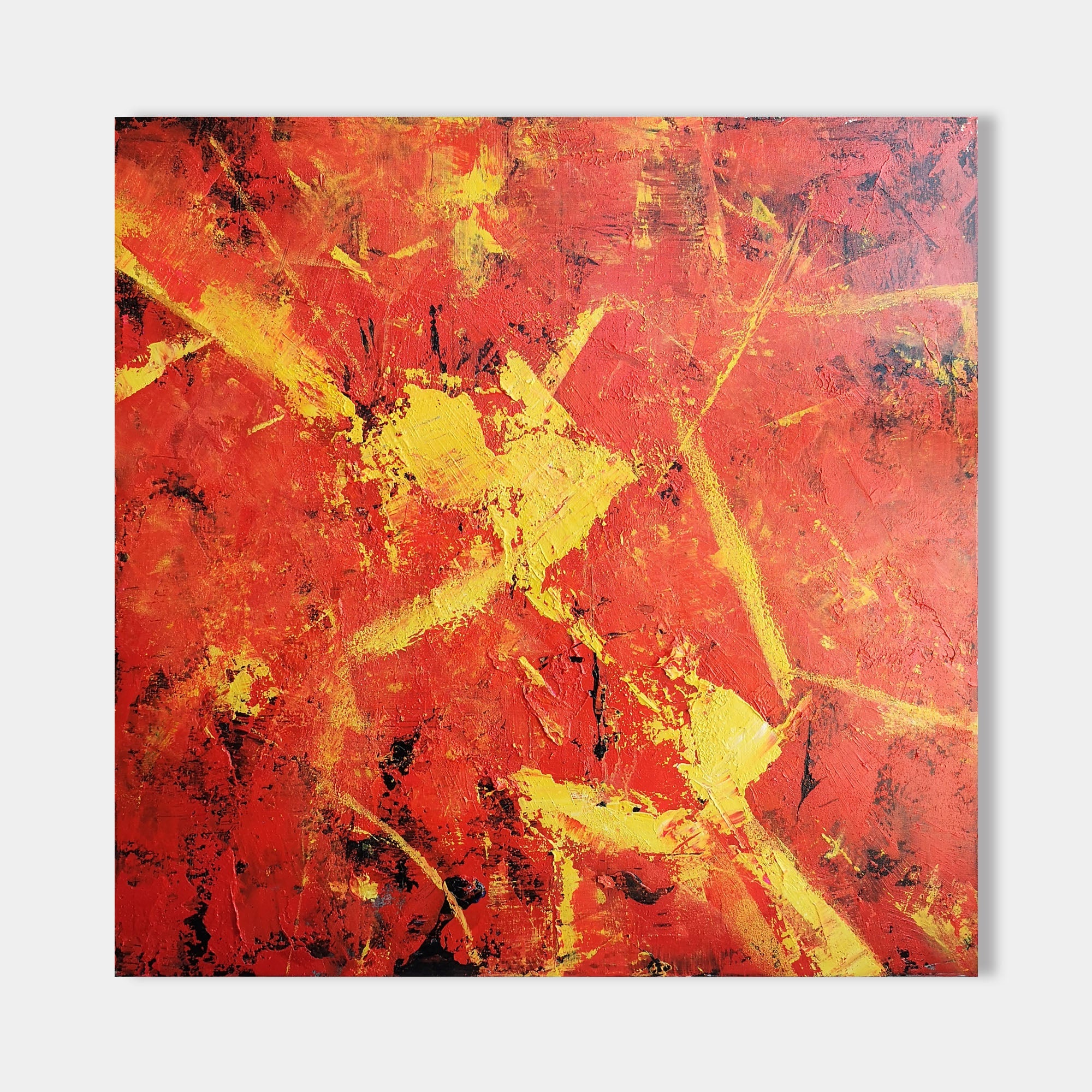 Original hand painted red gold abstract oil painting canvas wall art, bold textured strokes, modern elegant luxury scandinavian home de