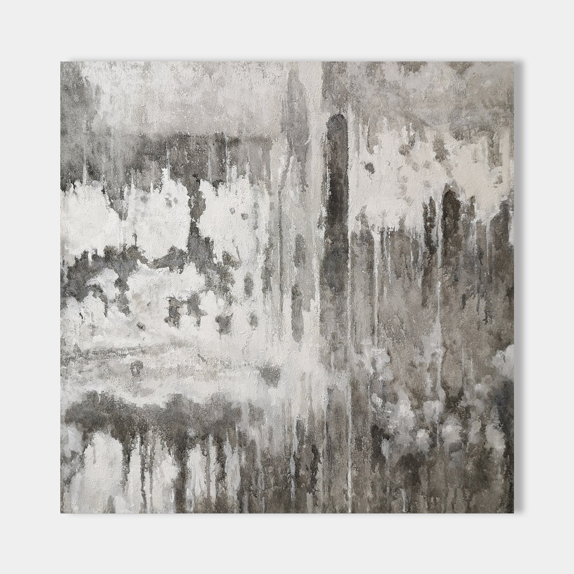 Original hand painted grey charcoal ivory dripping abstract oil painting canvas wall art, nordic scandinavian minimalist elegant luxury