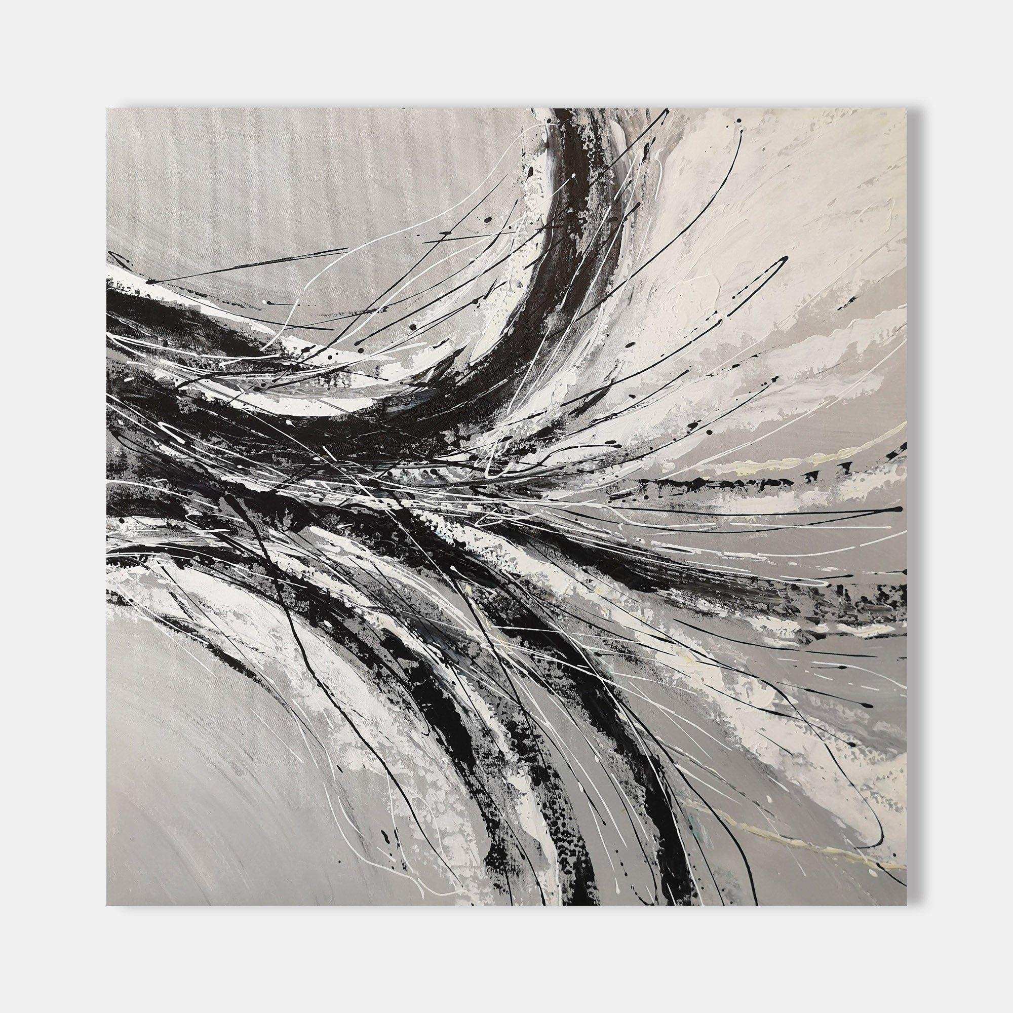 Original hand painted black grey white abstract oil painting canvas wall art, nordic scandinavian elegant luxury modern living room hom