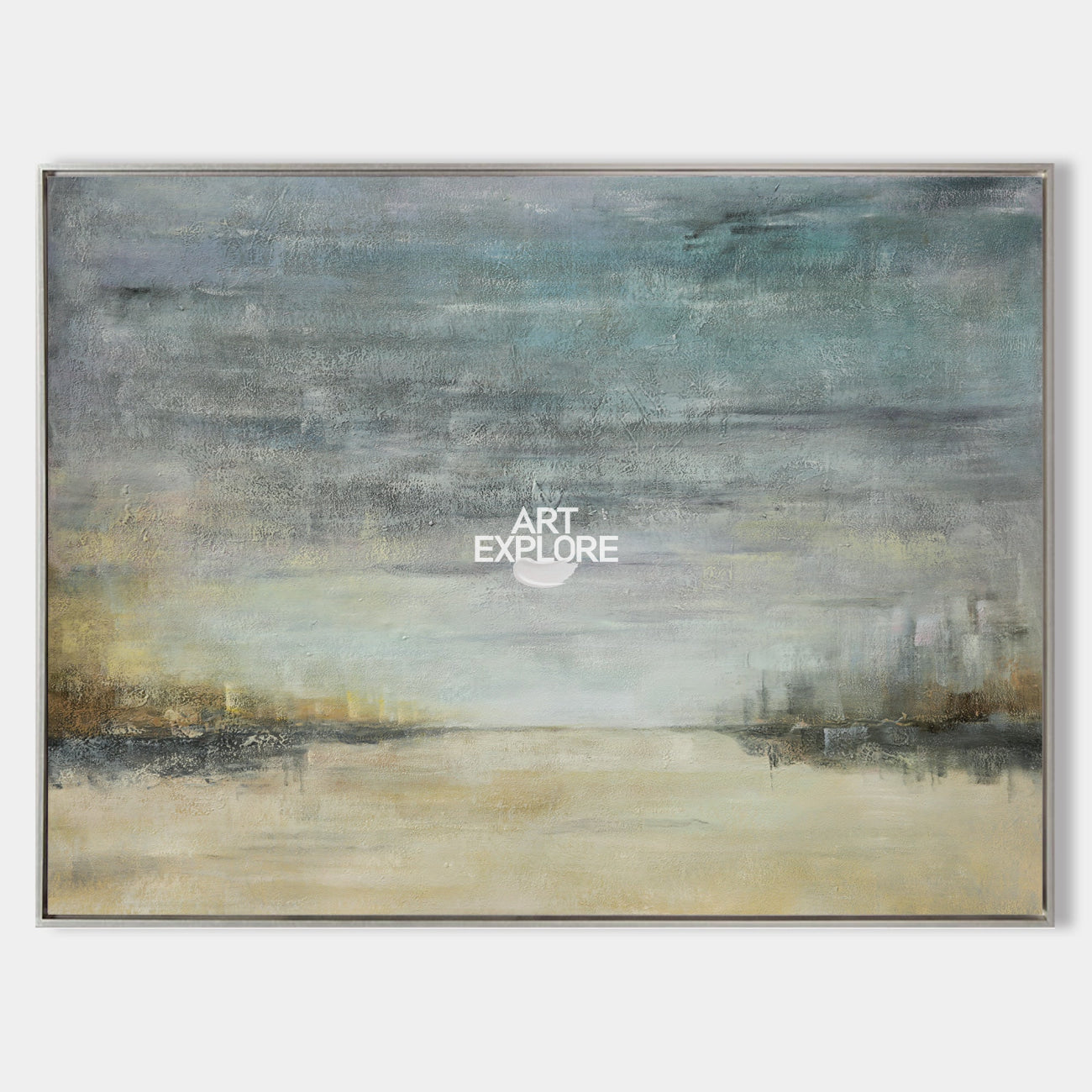 Original hand painted misty grey teal coastal abstract oil painting canvas wall art, nordic scandinavian elegant luxury minimalist mode