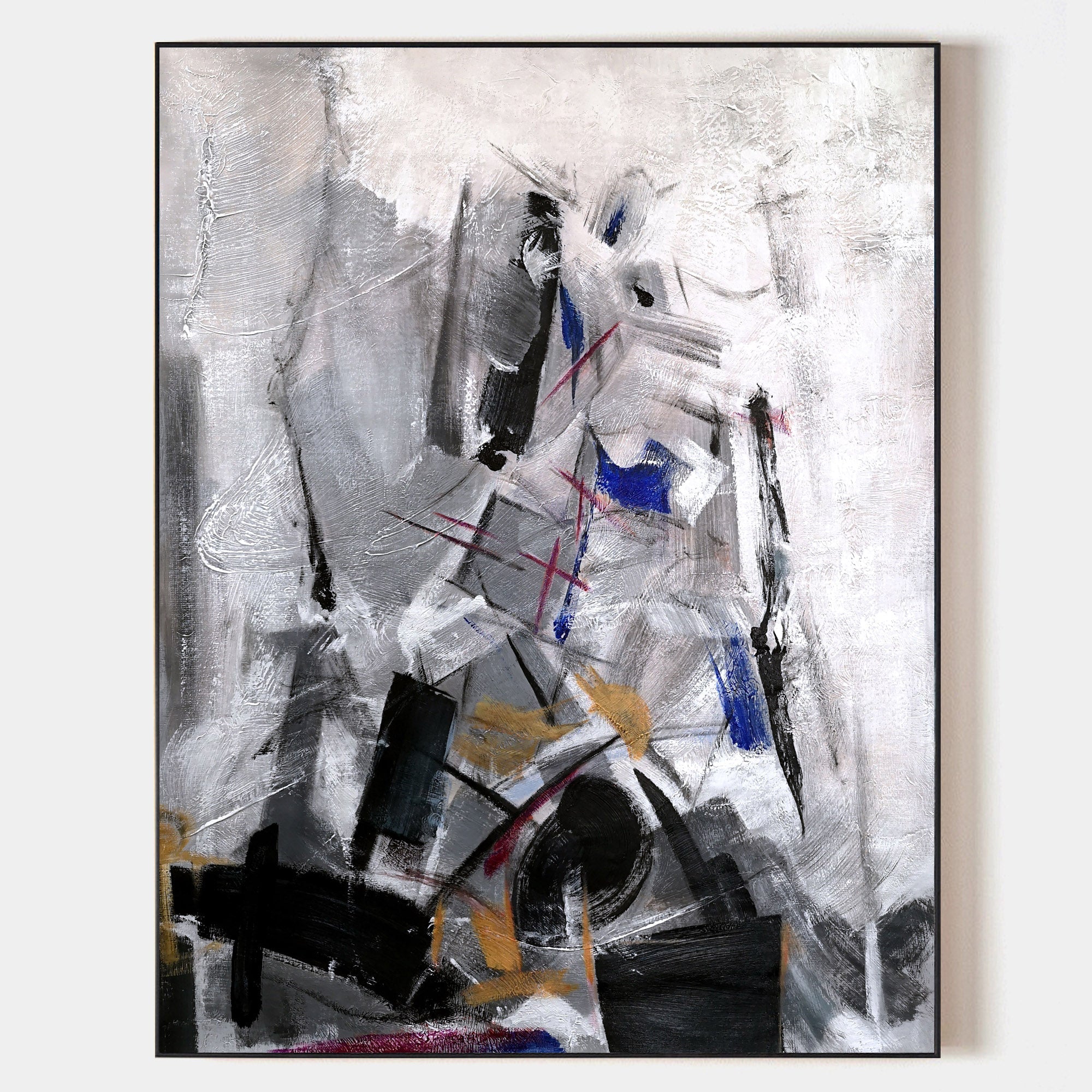 Original hand painted charcoal black white abstract oil painting canvas wall art, bold gestural nordic modern elegant luxury home decor