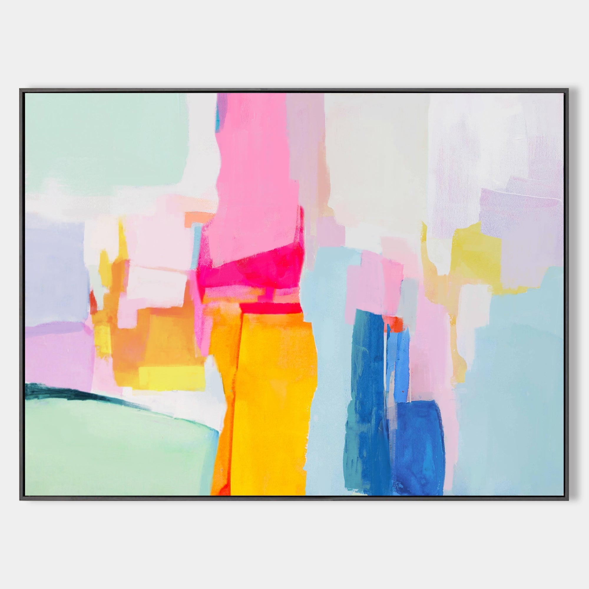 Original hand painted pink orange cobalt blue abstract oil painting canvas wall art, modern scandinavian elegant luxury geometric home