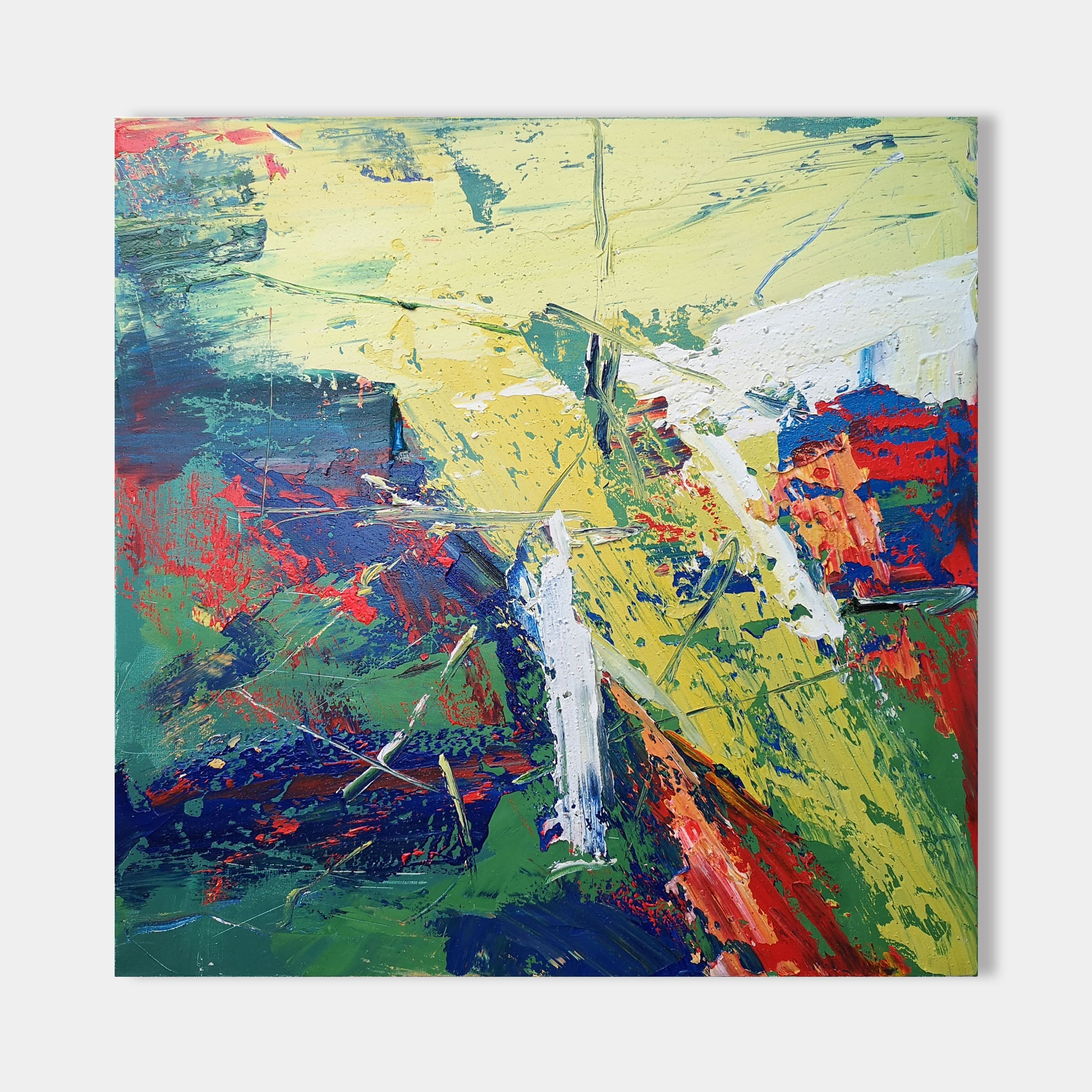 Original hand painted yellow navy green red abstract oil painting canvas wall art, modern elegant luxury scandinavian nordic home decor