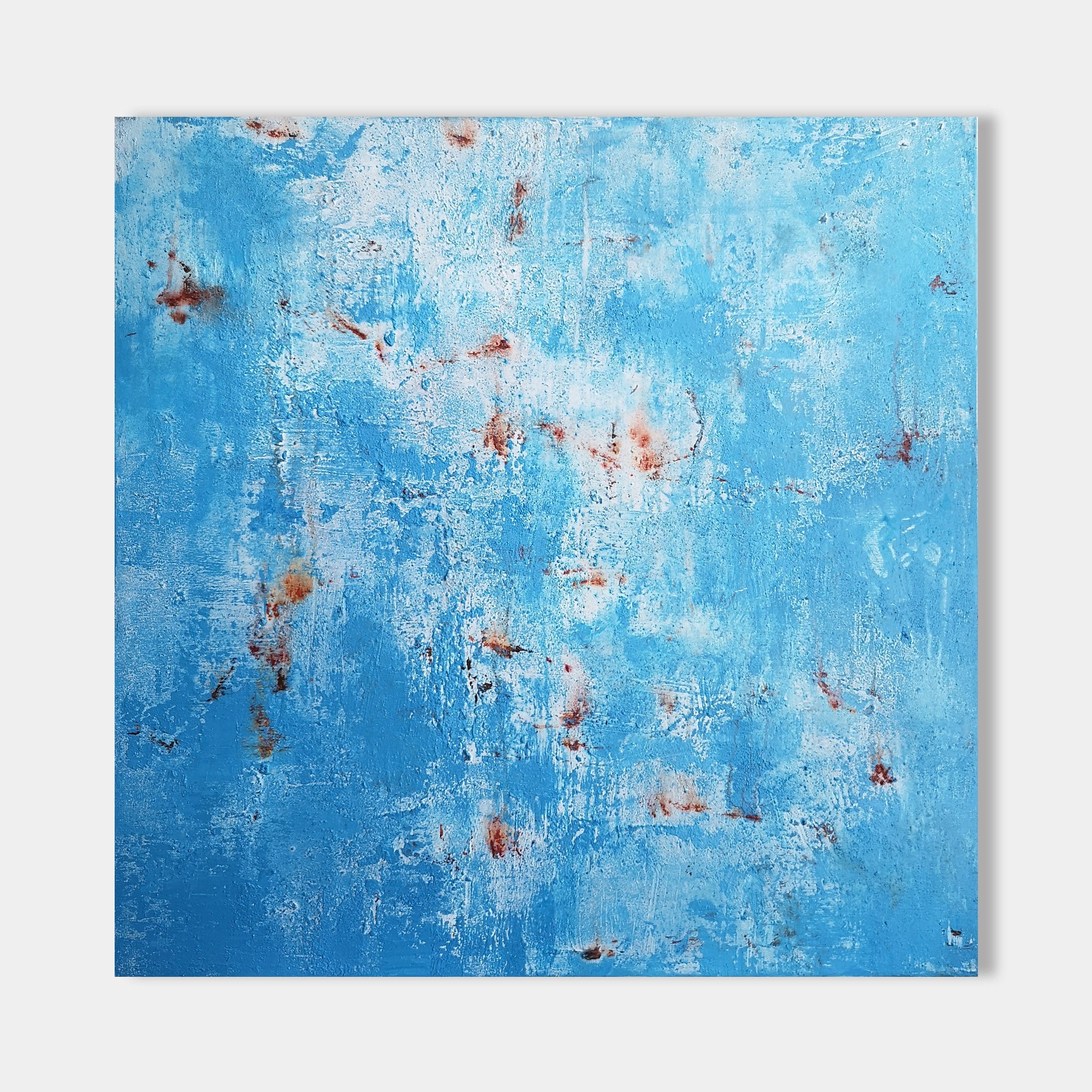 Original hand painted sky blue abstract oil painting canvas wall art, coastal rust texture, elegant luxury modern nordic scandinavian h