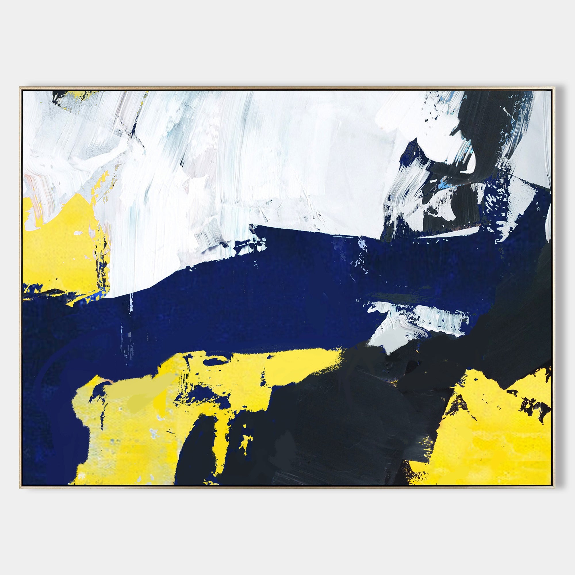 Original hand painted navy blue yellow black abstract oil painting canvas wall art, modern scandinavian elegant luxury bold expressive