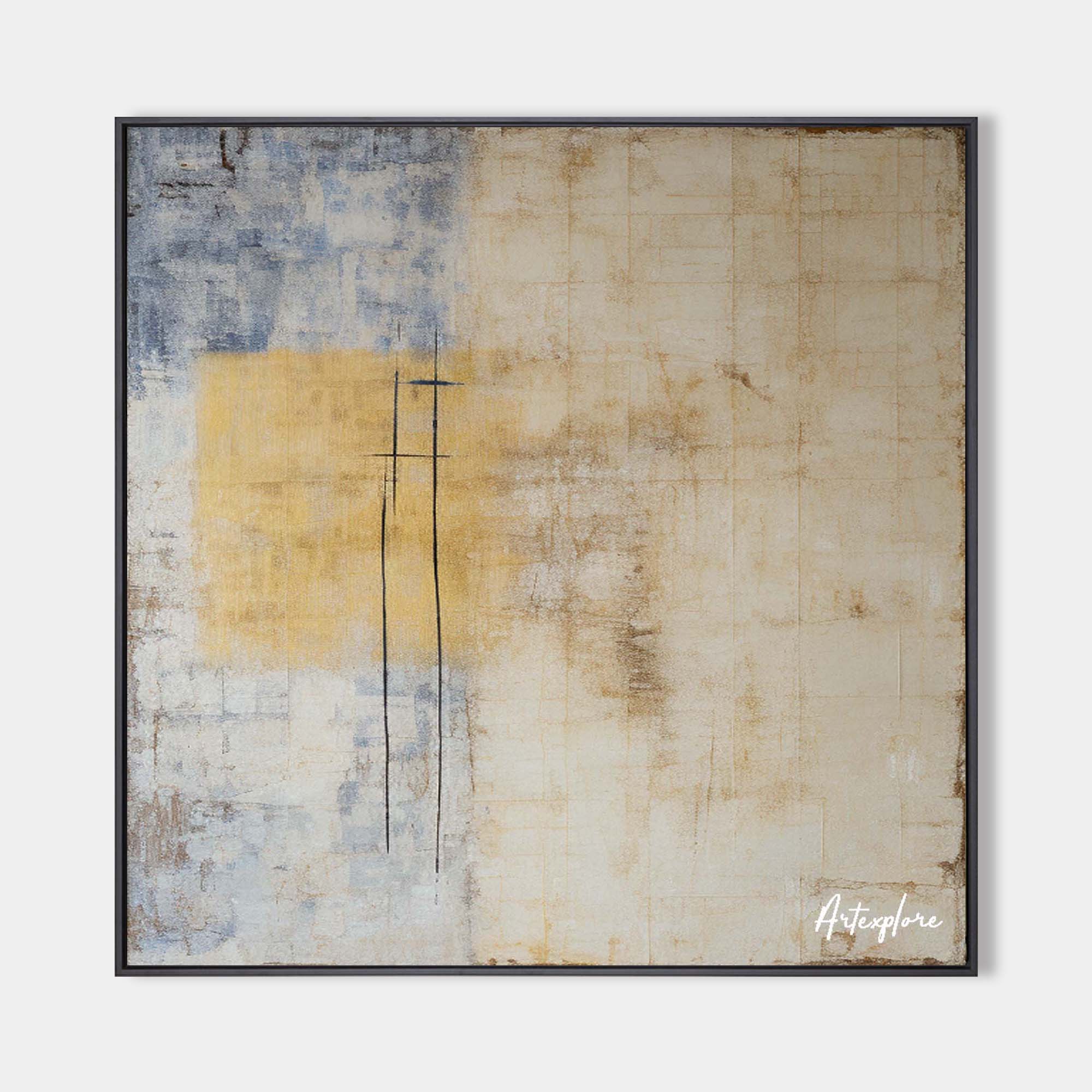 Original hand painted gold blue abstract oil painting canvas wall art, vintage cross motif, nordic scandinavian elegant luxury modern h