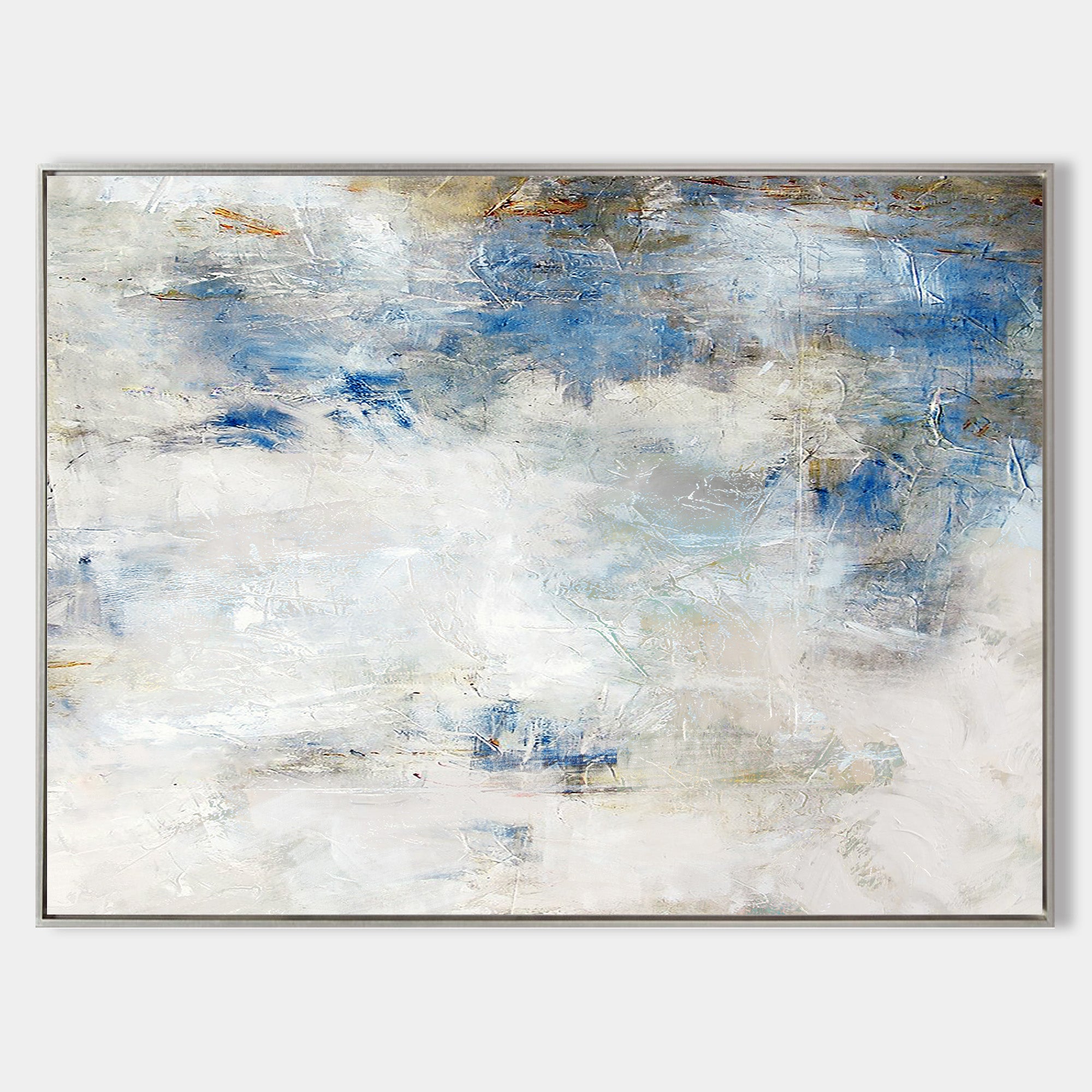 Original hand painted blue white coastal abstract oil painting canvas wall art, nordic scandinavian minimalist elegant luxury modern li
