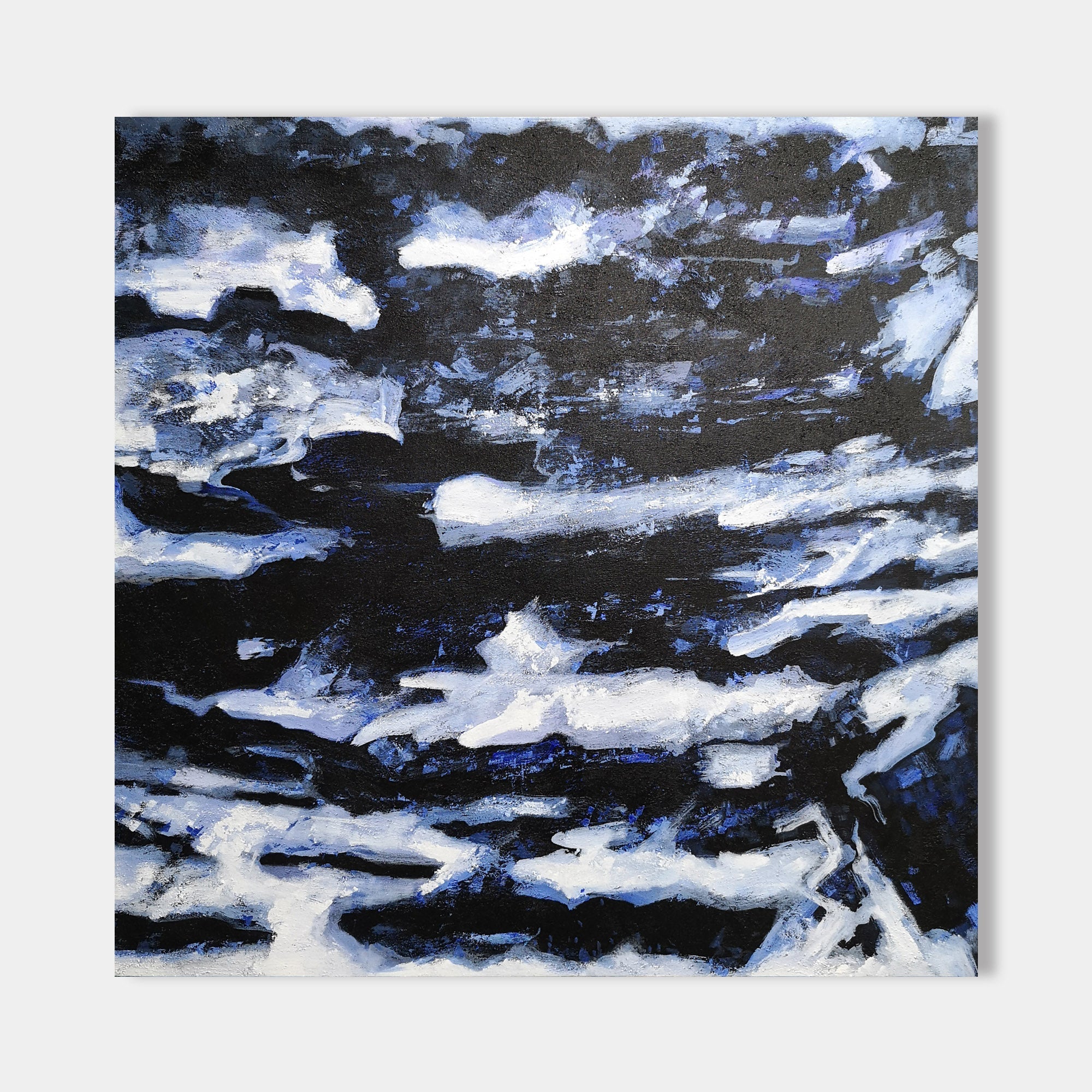Original hand painted black white cobalt abstract ocean oil painting canvas wall art, nordic scandinavian elegant luxury modern coastal