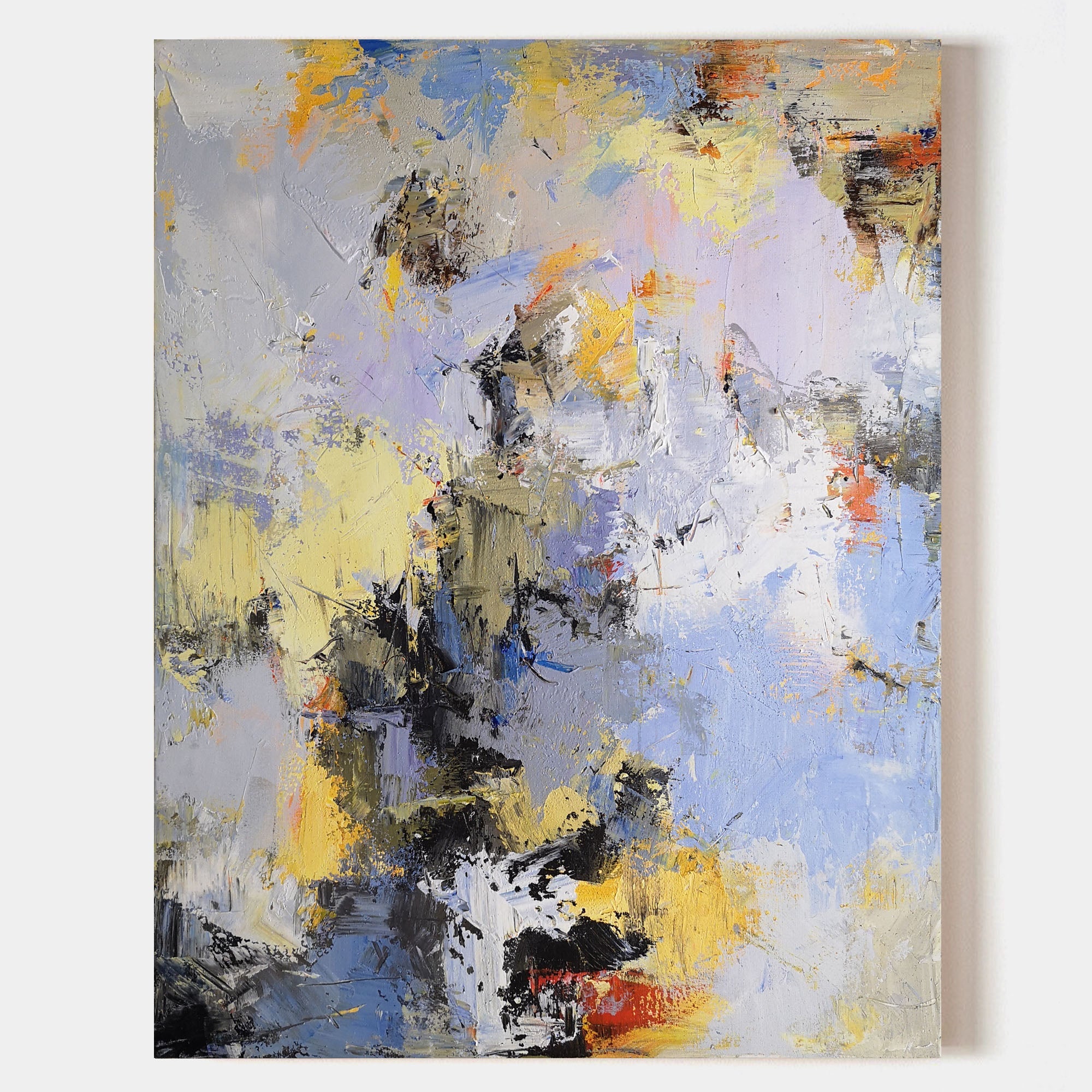Original hand painted lavender blue gold charcoal abstract oil painting canvas wall art, elegant luxury modern scandinavian nordic home