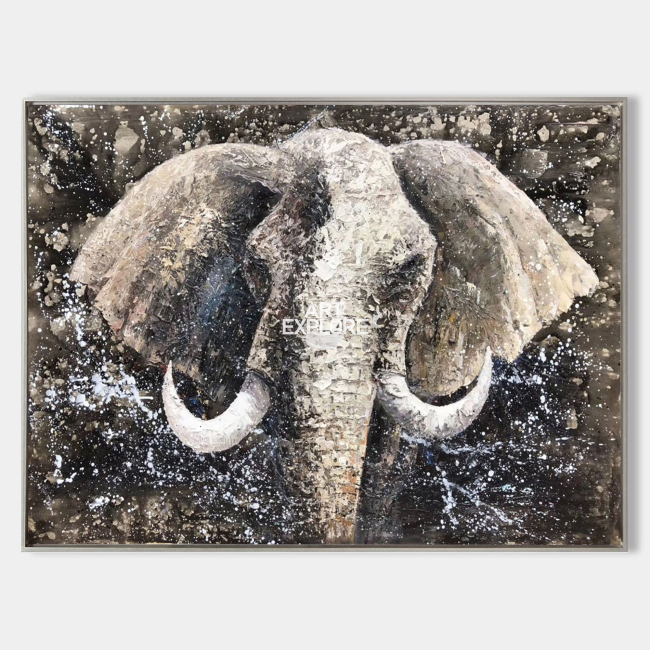 Original hand painted abstract elephant oil painting canvas wall art, charcoal ash ivory textured luxury elegant modern nordic scandina