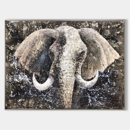 Original hand painted abstract elephant oil painting canvas wall art, charcoal ash ivory textured luxury elegant modern nordic scandina