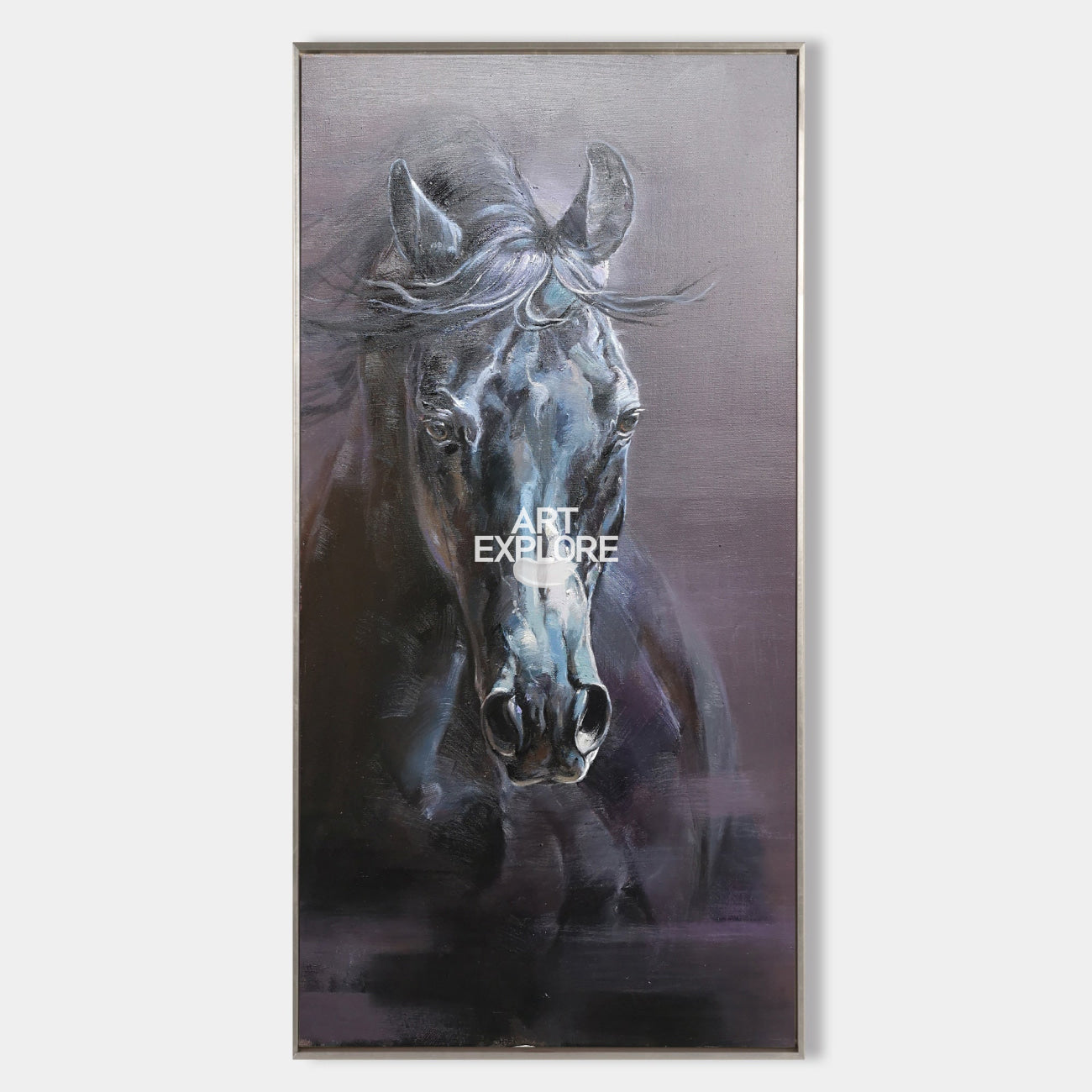 Original hand painted dark black horse portrait oil painting canvas wall art, elegant luxury modern nordic scandinavian home decor inte