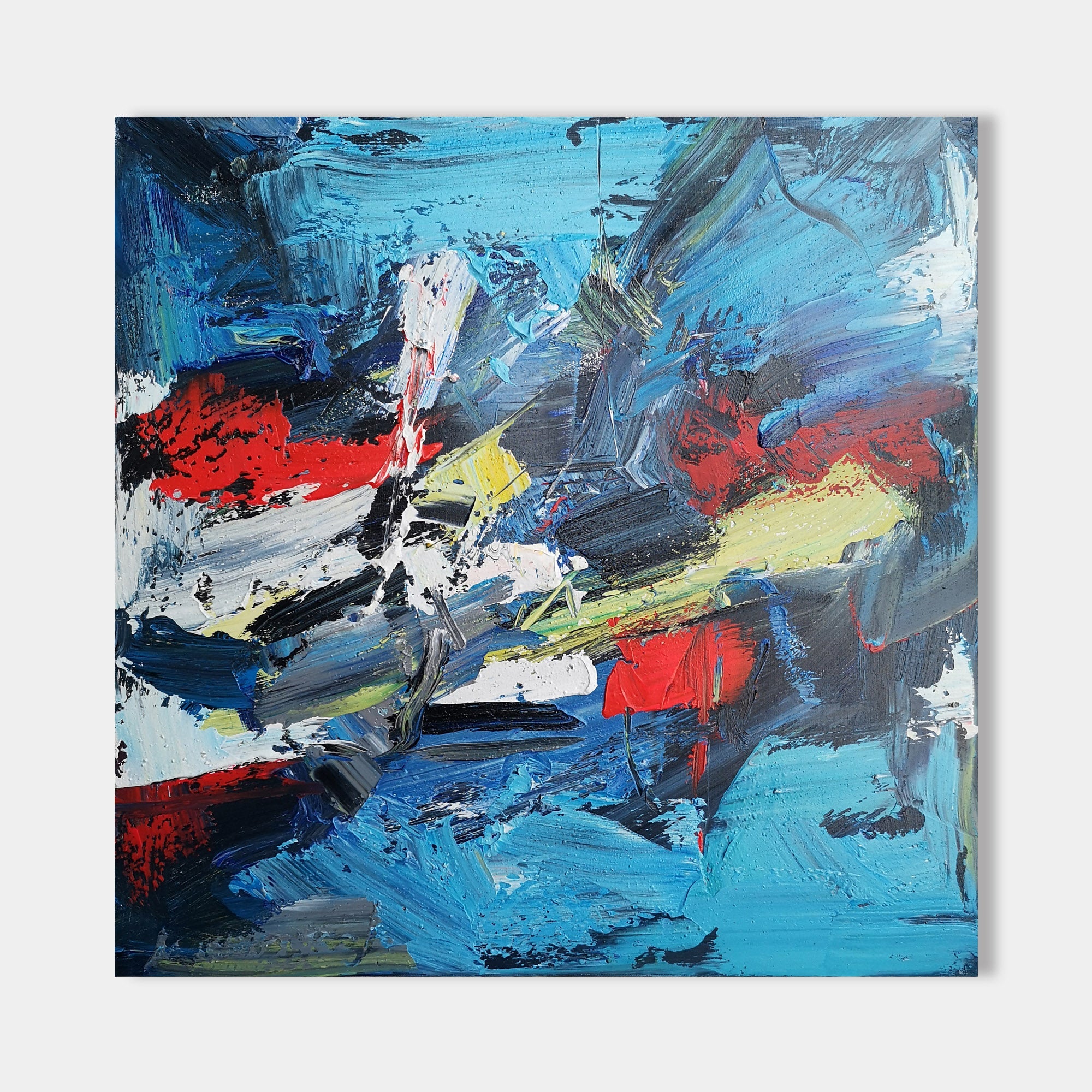 Original hand painted blue red abstract oil painting canvas wall art, bold expressive luxury modern scandinavian elegant home decor int