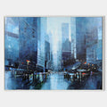 Hand painted original abstract oil painting canvas, deep blue cityscape skyscrapers rainy street reflections, modern elegant luxury nor