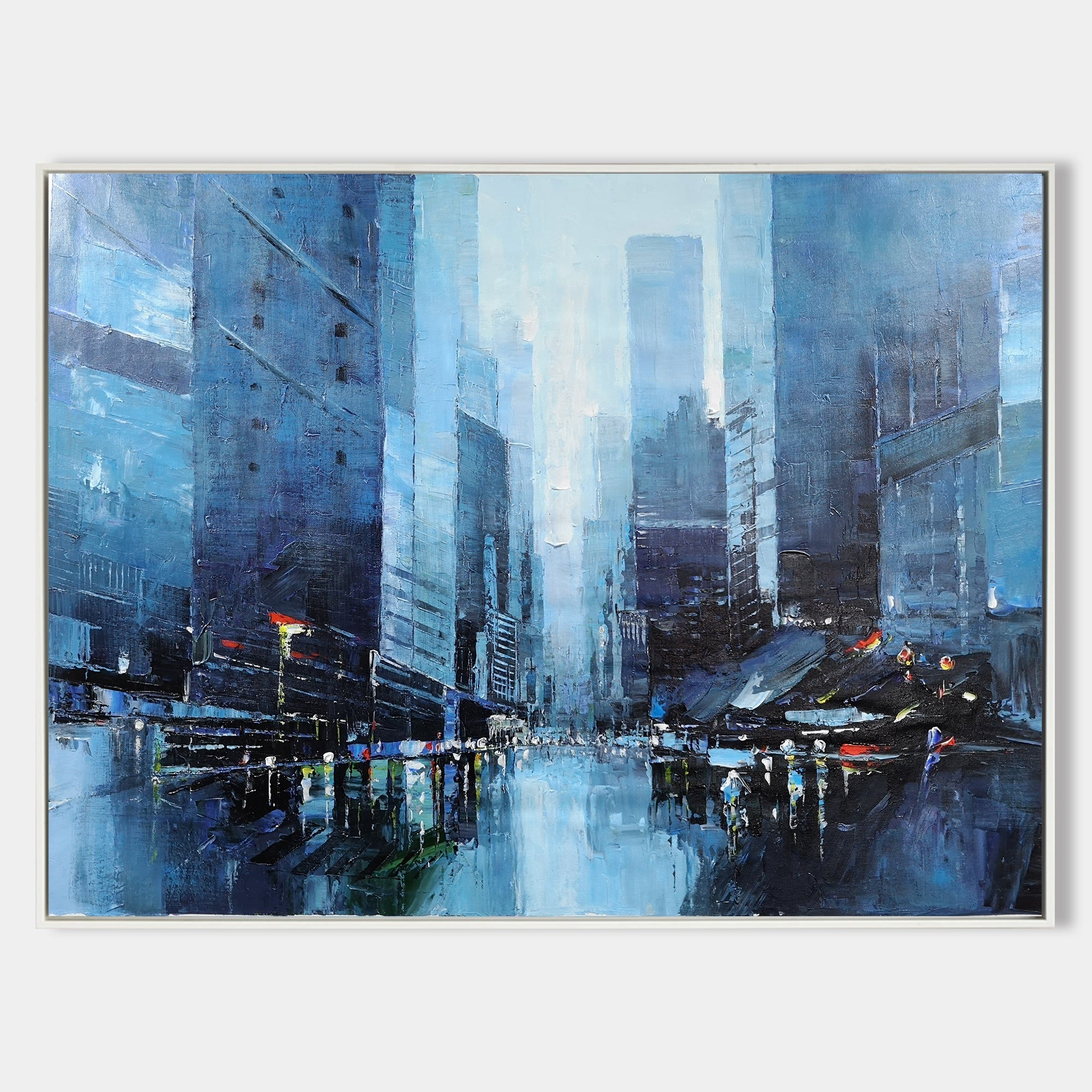 Hand painted original abstract oil painting canvas, deep blue cityscape skyscrapers rainy street reflections, modern elegant luxury nor