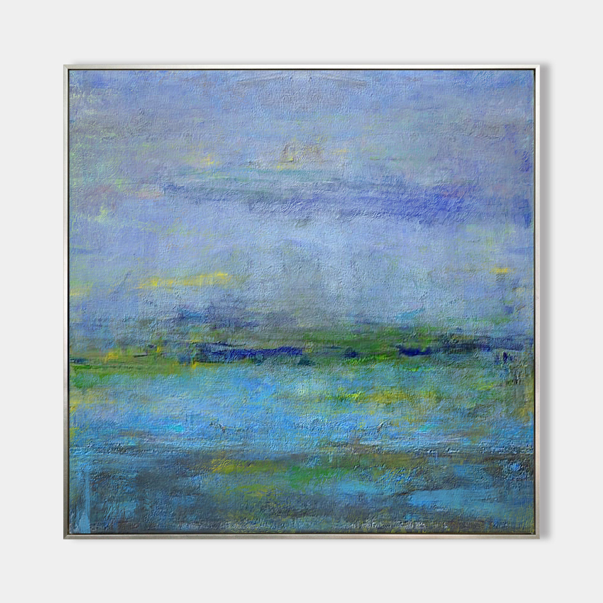Original hand painted misty blue lavender abstract coastal oil painting canvas wall art, nordic scandinavian elegant luxury modern home