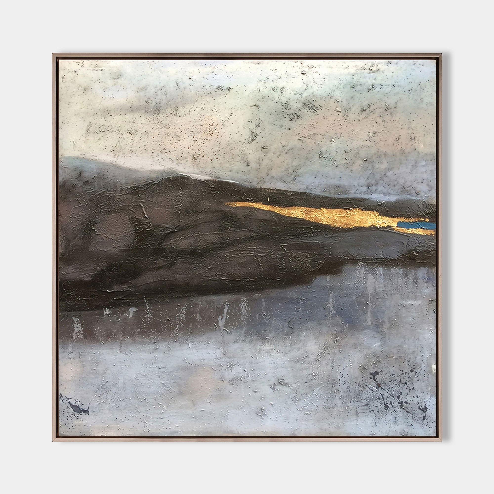 Original hand painted dark mountain abstract oil painting gold streak silver mist canvas wall art nordic scandinavian elegant luxury mo