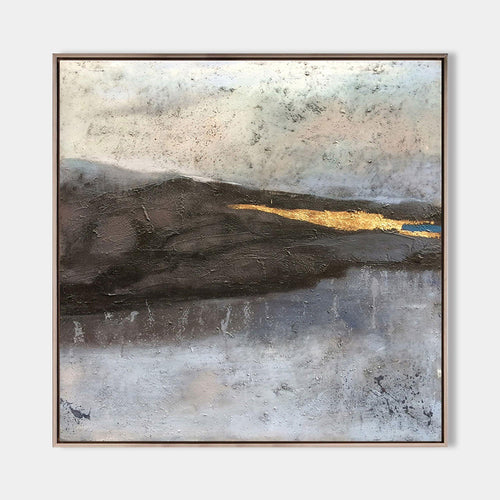 Original hand painted dark mountain abstract oil painting gold streak silver mist canvas wall art nordic scandinavian elegant luxury mo