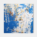 Original hand painted cobalt blue abstract oil painting canvas, golden ochre white splatter texture, elegant luxury modern nordic scand