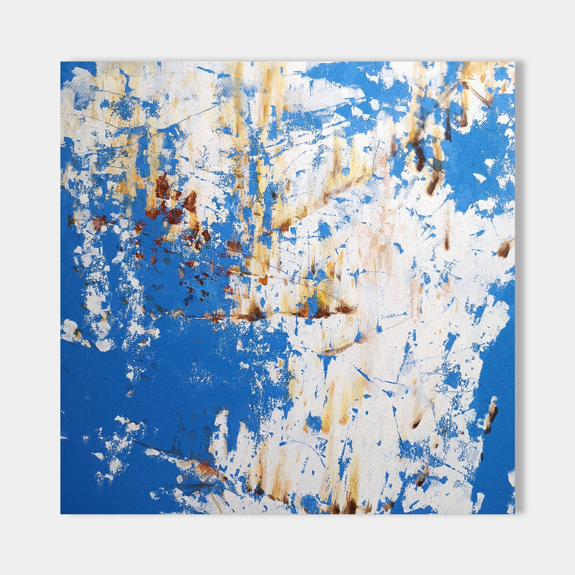 Original hand painted cobalt blue abstract oil painting canvas, golden ochre white splatter texture, elegant luxury modern nordic scand