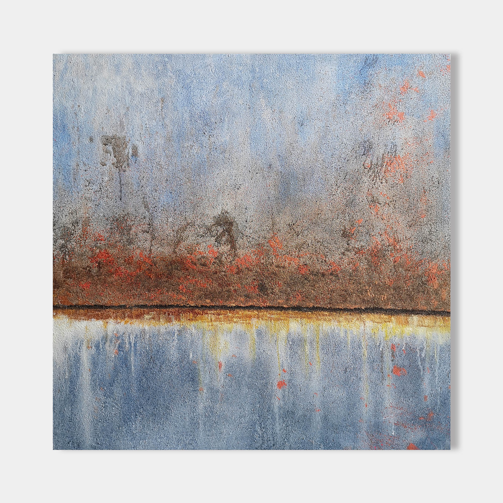 Original hand painted abstract oil painting, blue grey rust copper textured landscape canvas wall art, nordic scandinavian elegant luxu