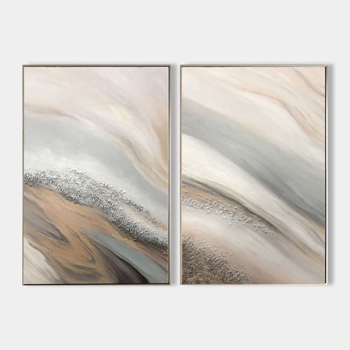 Hand painted blush beige silver textured abstract oil painting canvas set, coastal nordic scandinavian elegant luxury modern living roo