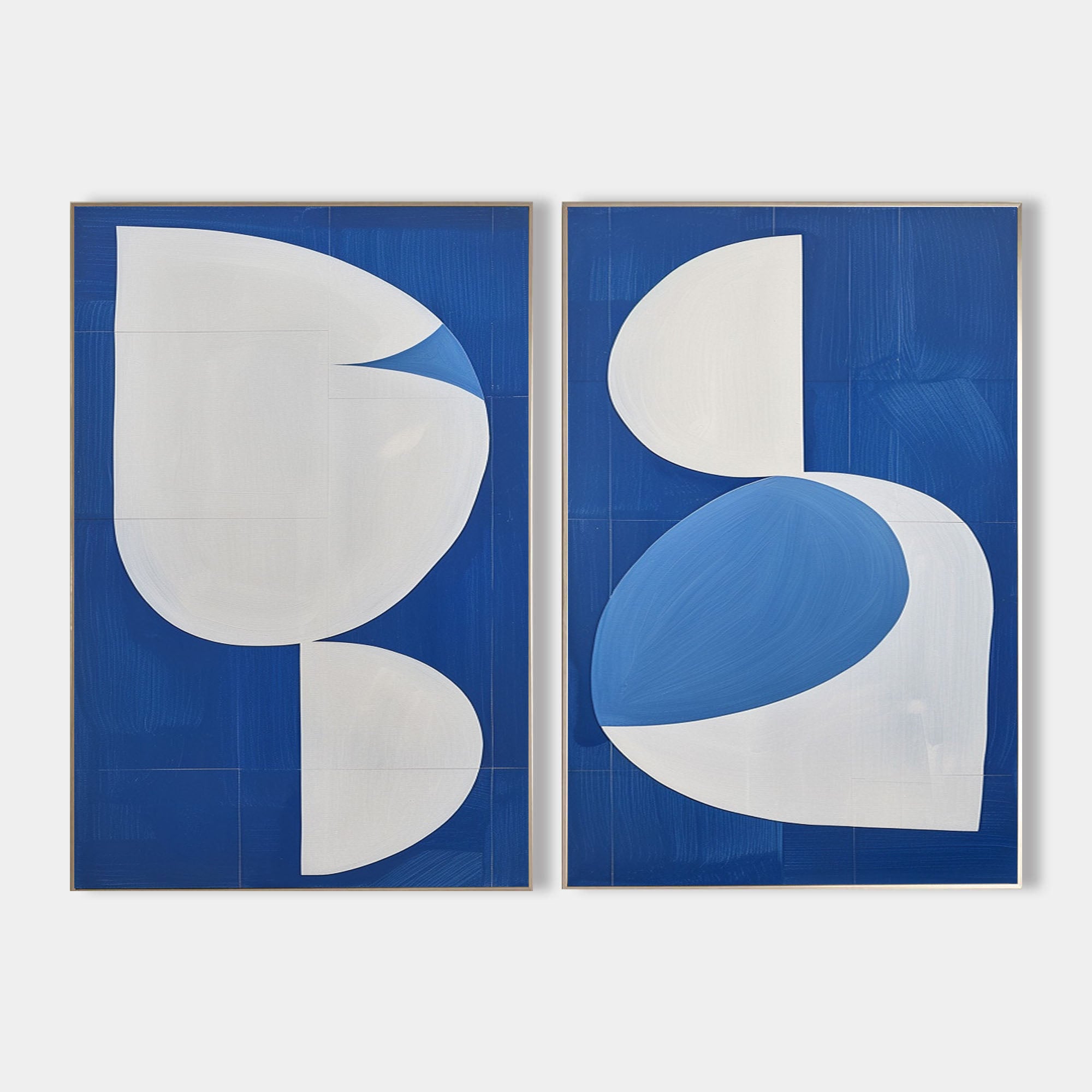 Original hand painted cobalt blue white organic shapes abstract oil painting canvas set, nordic scandinavian minimalist elegant luxury