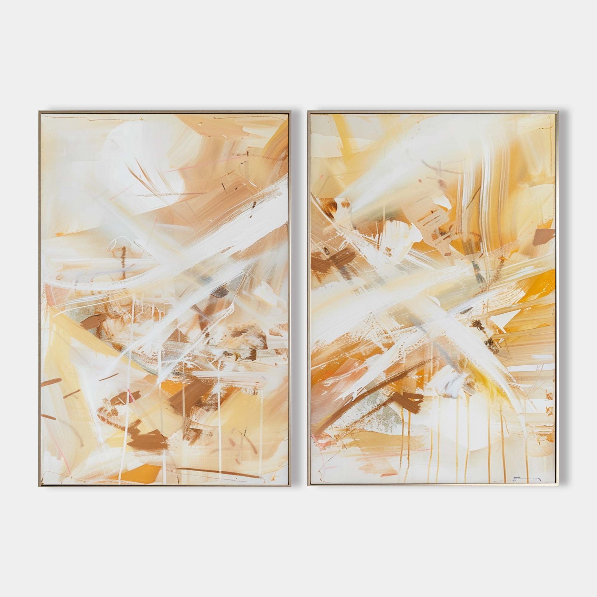 Original hand painted gold amber white abstract oil painting canvas wall art set of 2, modern elegant luxury nordic scandinavian interi