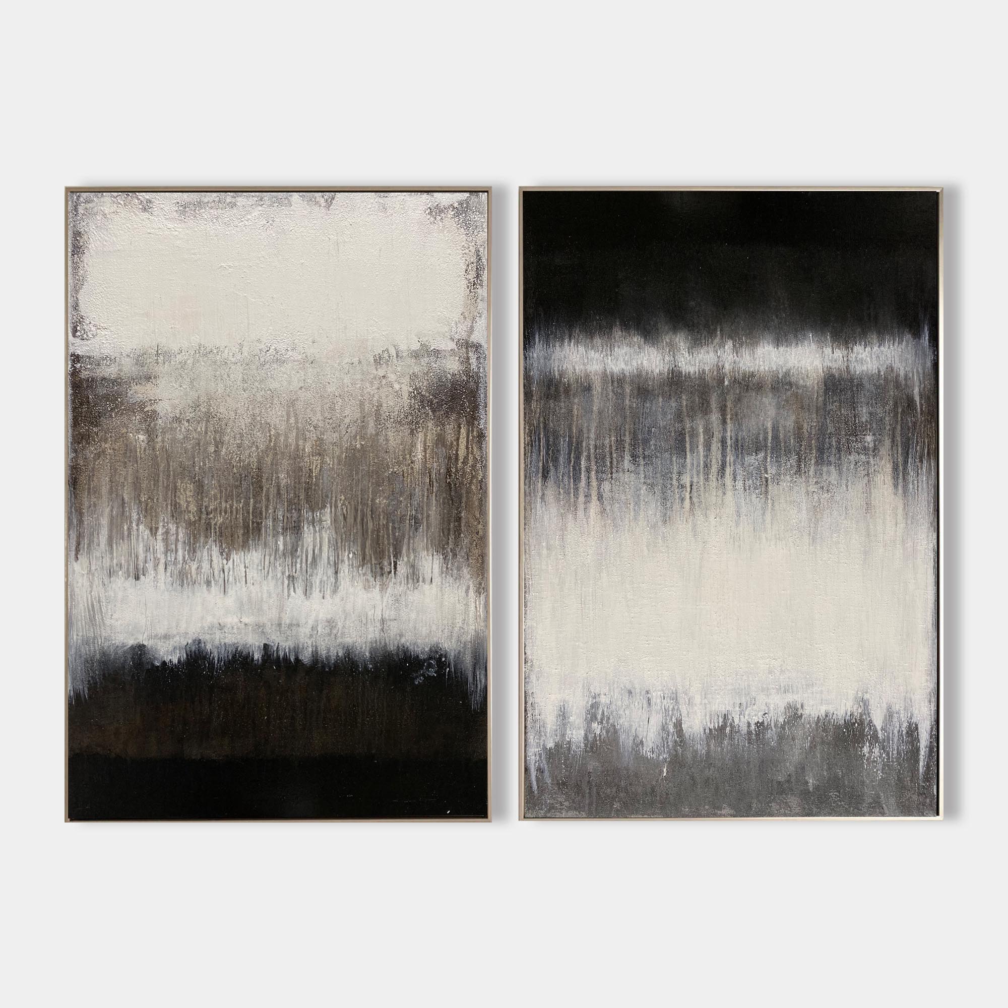 Original hand painted black ivory abstract oil painting diptych canvas wall art, nordic scandinavian minimalist elegant luxury modern h