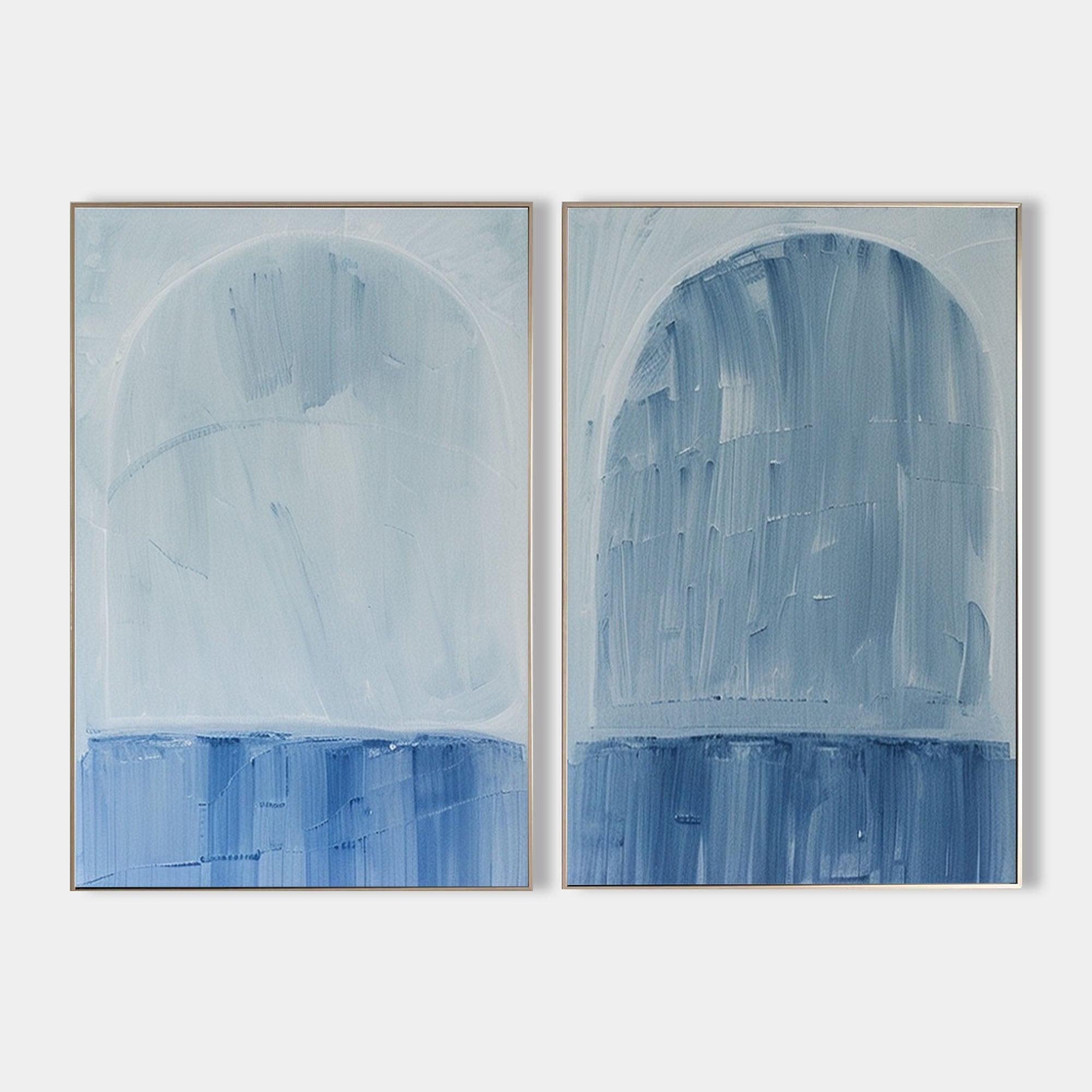 Original hand painted blue arch abstract oil painting canvas wall art set of 2, nordic scandinavian coastal minimalist elegant luxury m