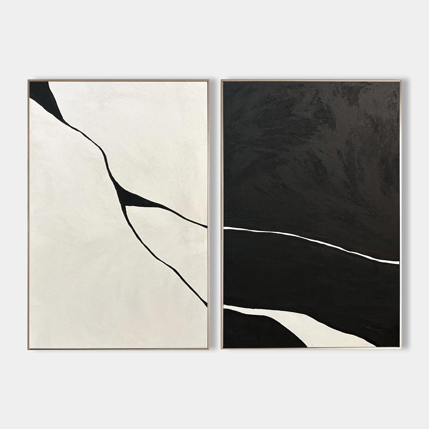 Hand painted original black ivory abstract oil painting canvas diptych wall art, nordic scandinavian minimalist elegant luxury modern h