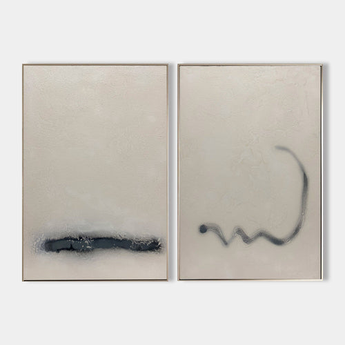 Original hand painted ivory charcoal abstract oil painting diptych canvas wall art, nordic scandinavian minimalist elegant luxury moder