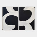 Original hand painted black off-white abstract oil painting canvas diptych set, bold organic swirl curves, nordic scandinavian minimali