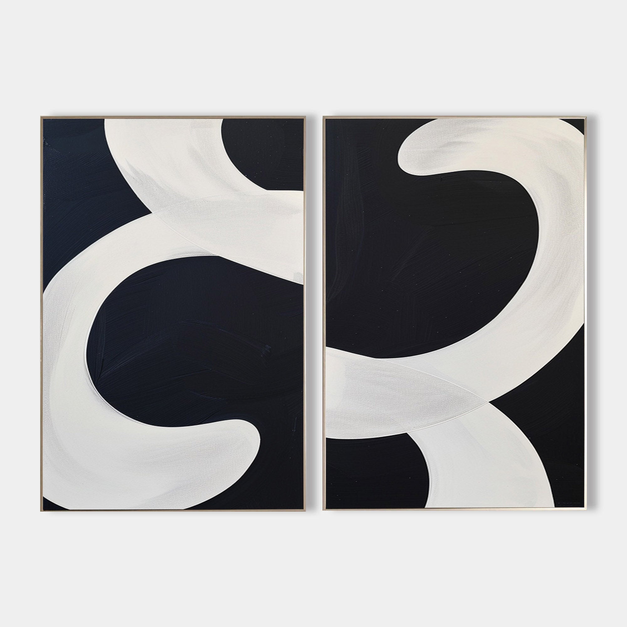 Original hand painted black off-white abstract oil painting canvas diptych set, bold organic swirl curves, nordic scandinavian minimali