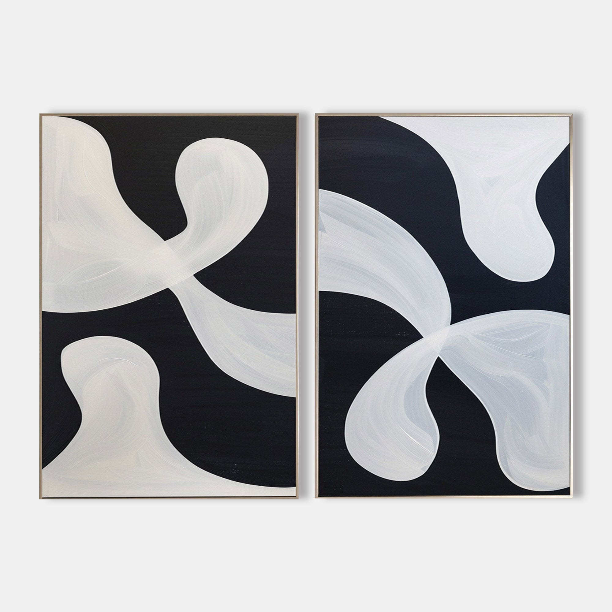 Original hand painted black white fluid abstract oil painting diptych canvas wall art, nordic scandinavian minimalist elegant luxury mo