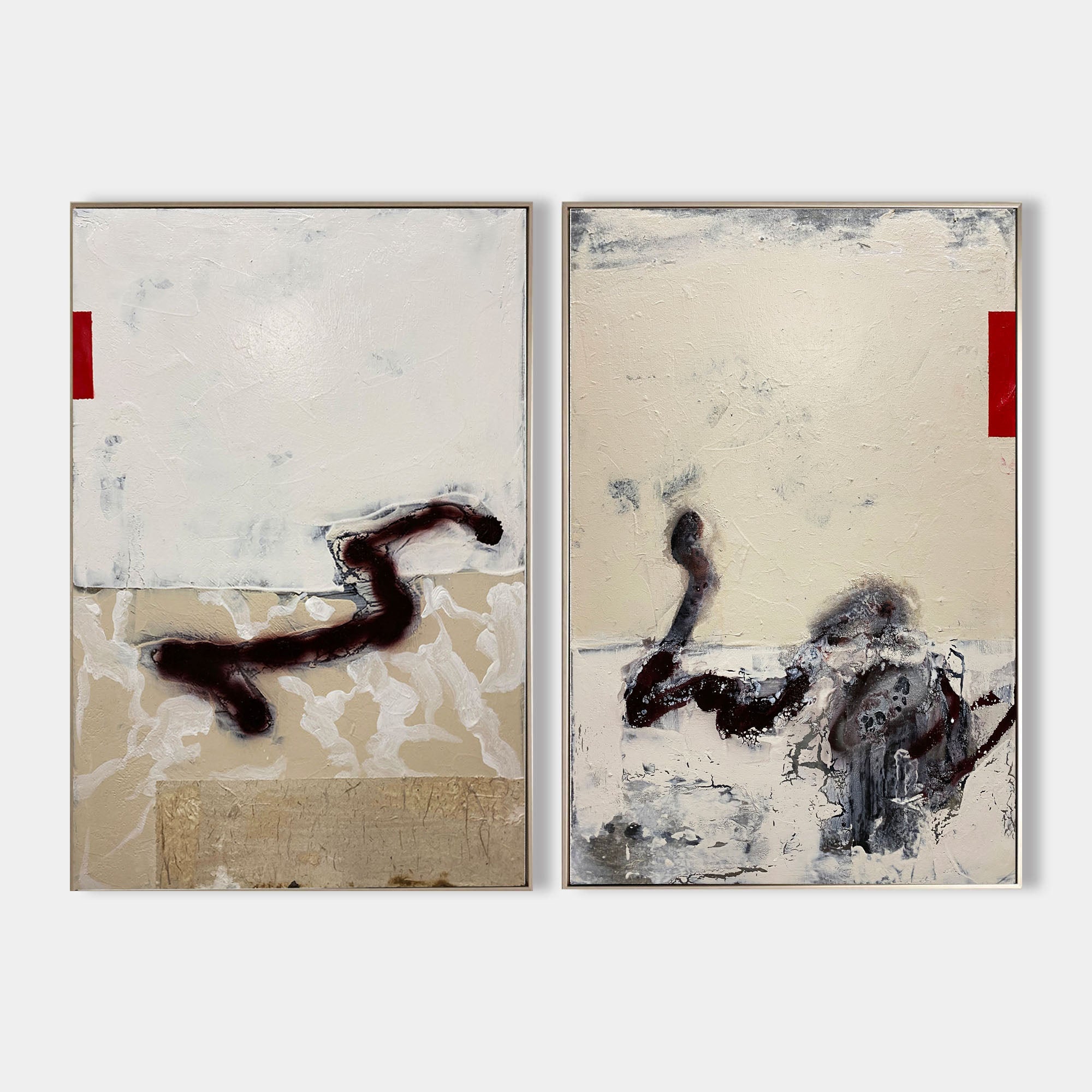 Original hand painted crimson ivory abstract oil painting diptych canvas wall art, nordic scandinavian elegant luxury minimalist modern