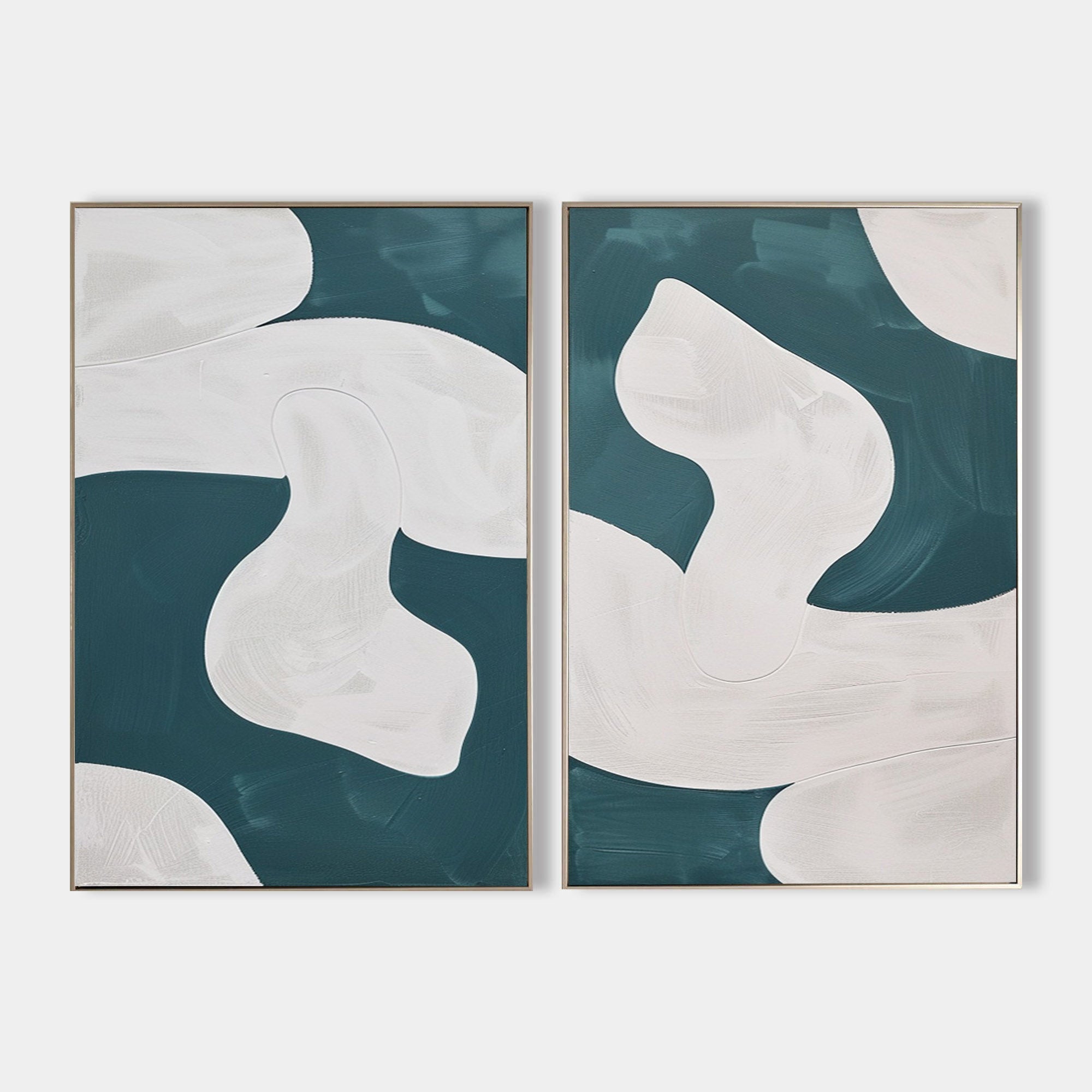 Original hand painted teal ivory abstract oil painting canvas set of 2, bold organic shapes, nordic scandinavian minimalist elegant lux