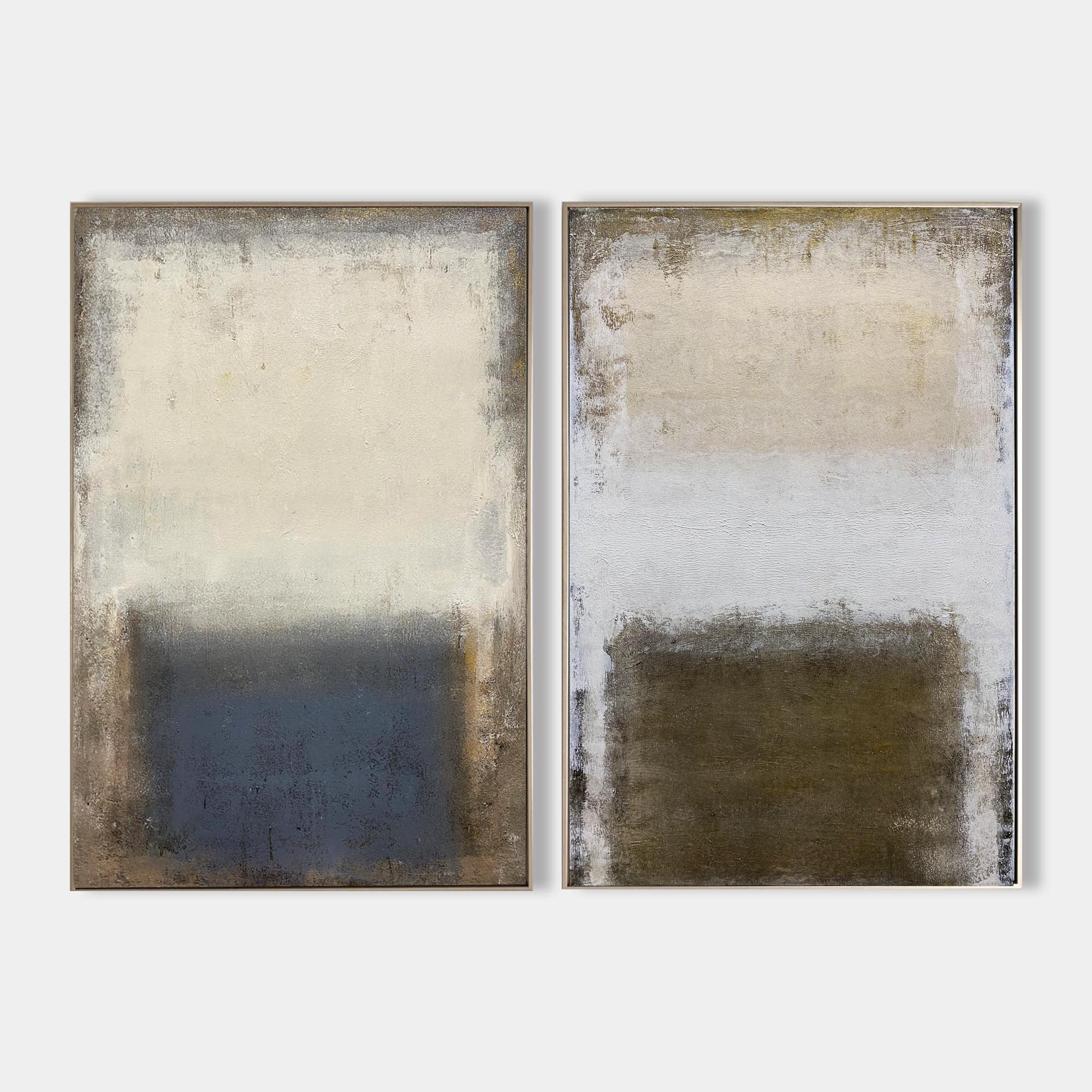 Original hand painted slate blue olive ivory abstract oil painting canvas set wall art, scandinavian nordic minimalist elegant luxury m