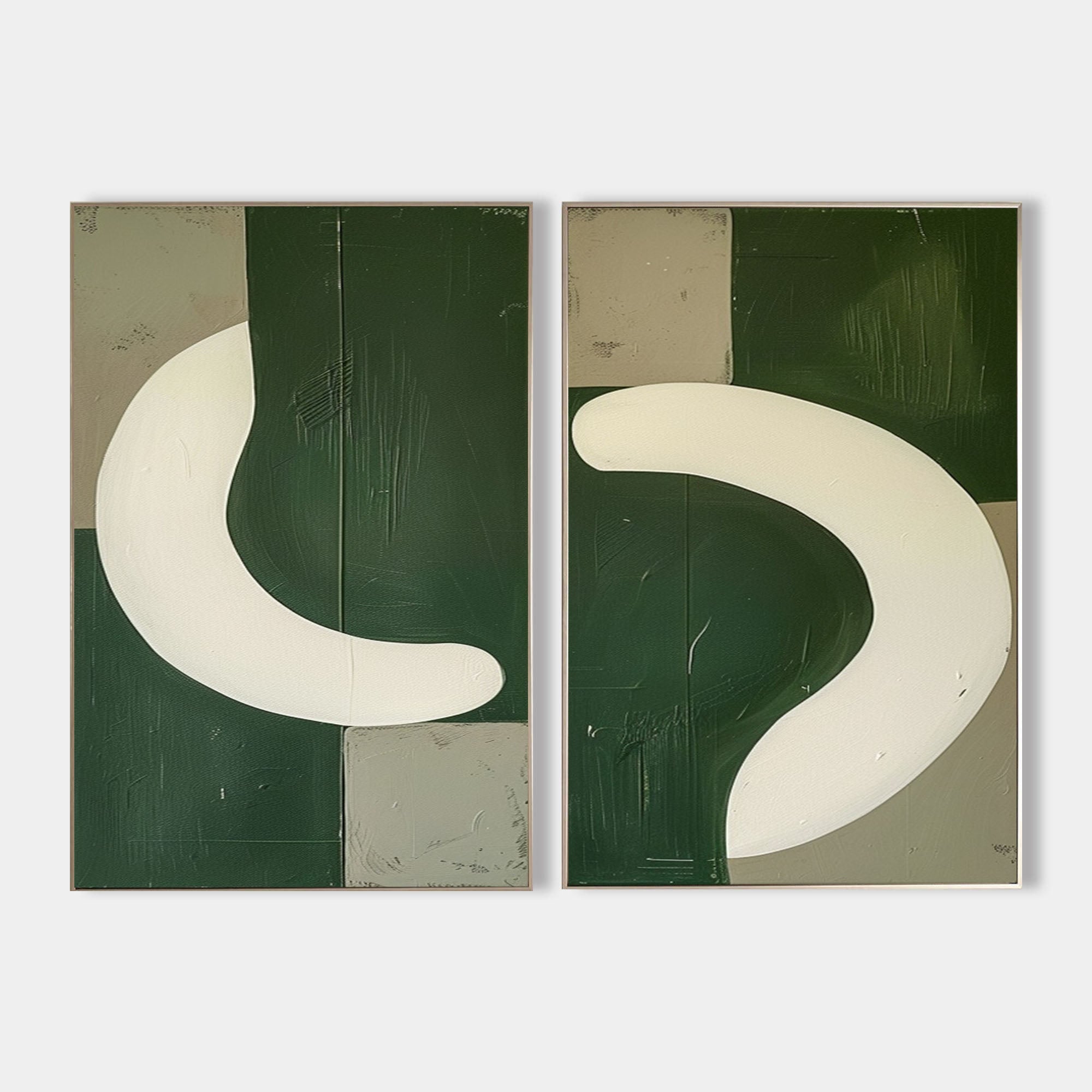 Original hand painted forest green cream abstract oil painting diptych canvas wall art, nordic scandinavian minimalist elegant luxury m