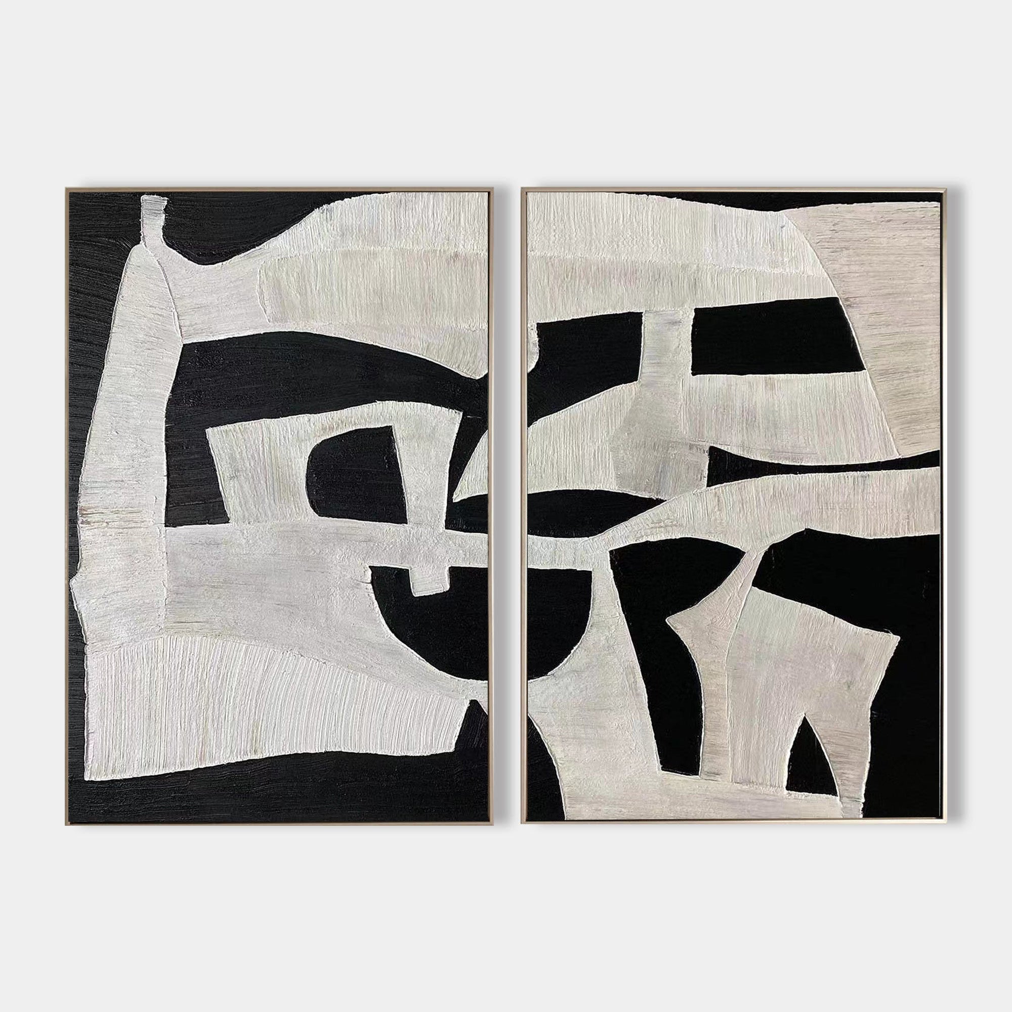 Original hand painted black white abstract oil painting diptych canvas wall art, textured nordic scandinavian minimalist elegant luxury