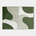 Original hand painted forest green cream abstract oil painting canvas set of 2, nordic scandinavian minimalist elegant luxury modern in