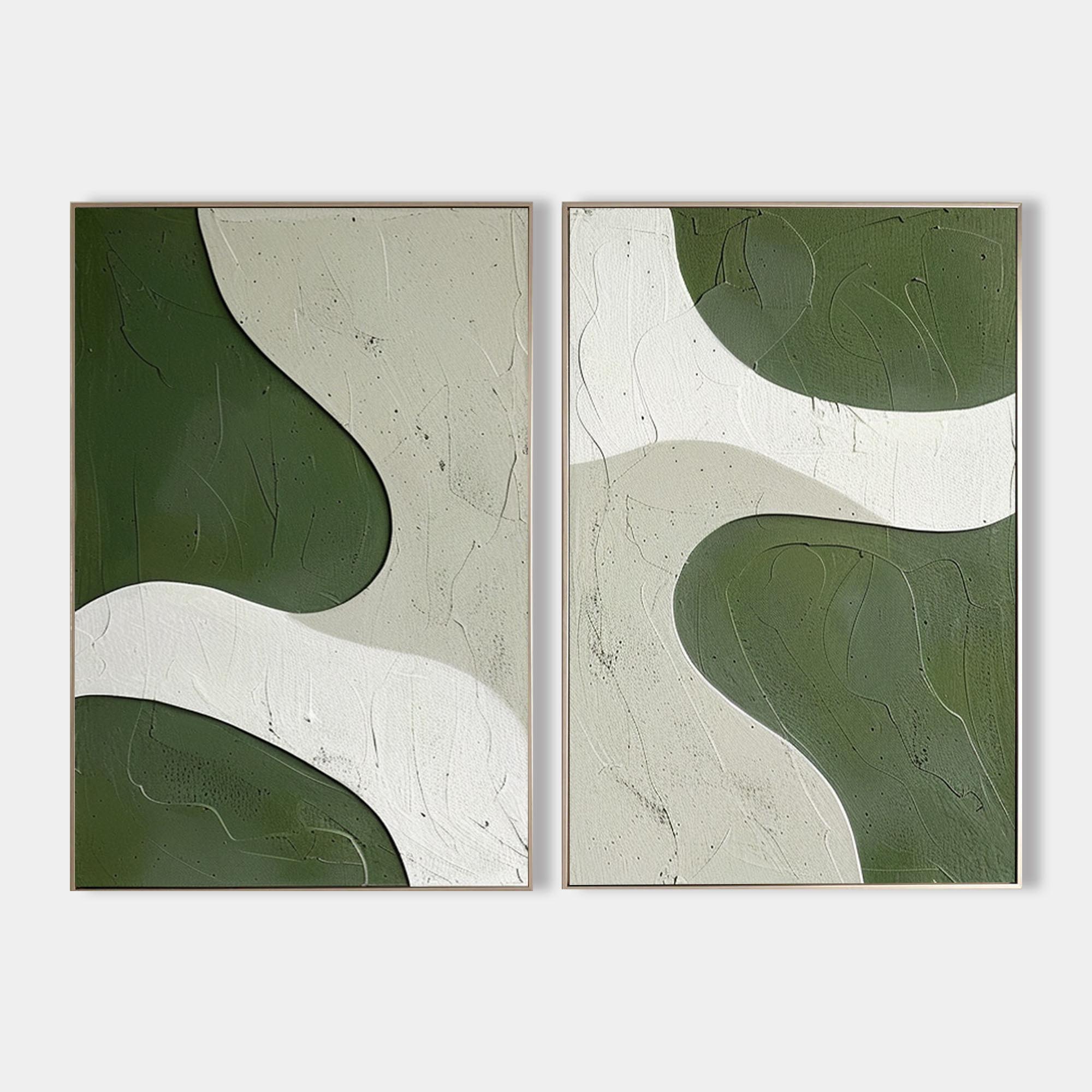 Original hand painted forest green cream abstract oil painting canvas set of 2, nordic scandinavian minimalist elegant luxury modern in