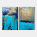 Original hand painted teal gold navy abstract oil painting canvas diptych wall art, coastal nordic scandinavian elegant luxury modern l