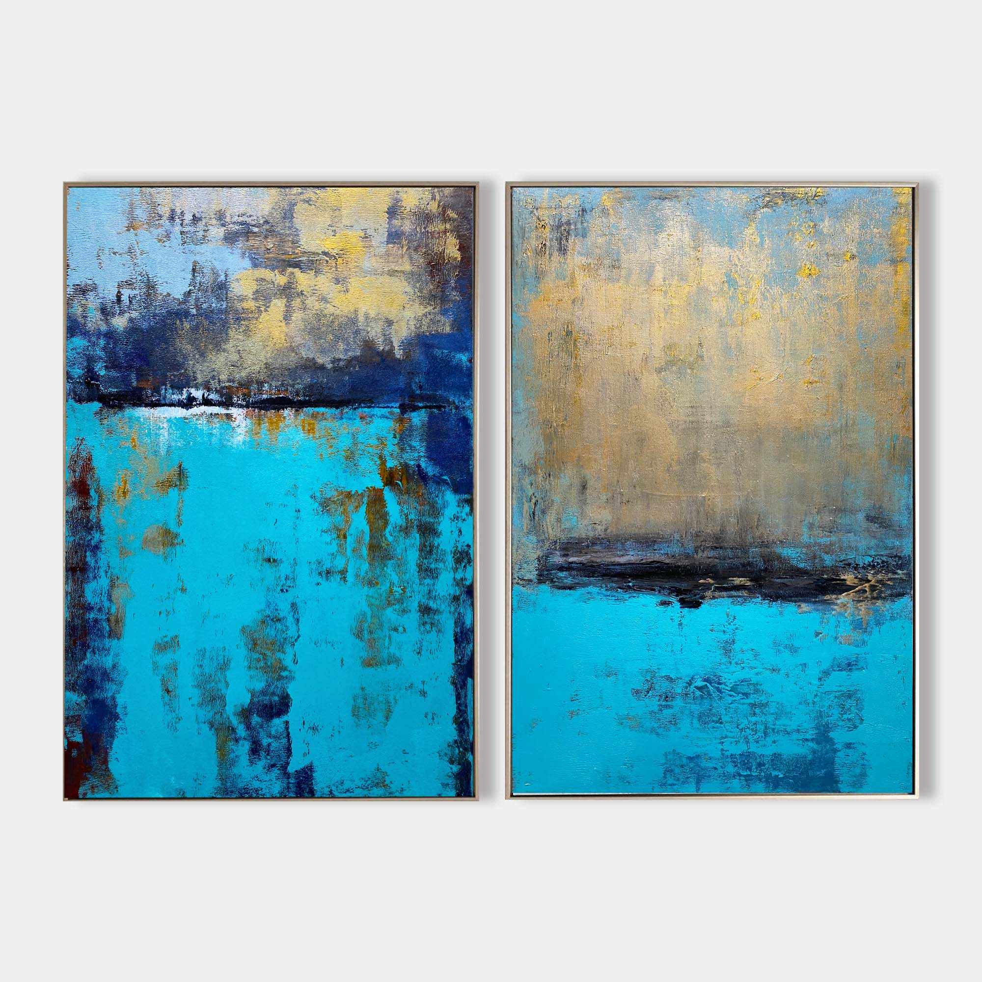 Original hand painted teal gold navy abstract oil painting canvas diptych wall art, coastal nordic scandinavian elegant luxury modern l