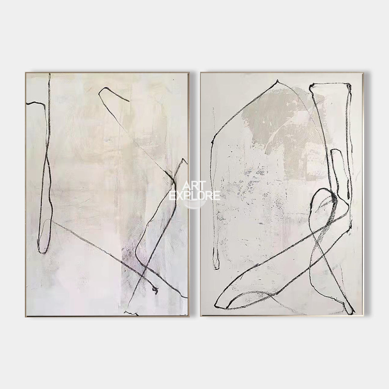 Original hand painted ivory charcoal line abstract oil painting diptych canvas wall art nordic scandinavian minimalist elegant luxury m