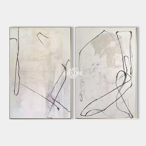 Original hand painted ivory charcoal line abstract oil painting diptych canvas wall art nordic scandinavian minimalist elegant luxury m