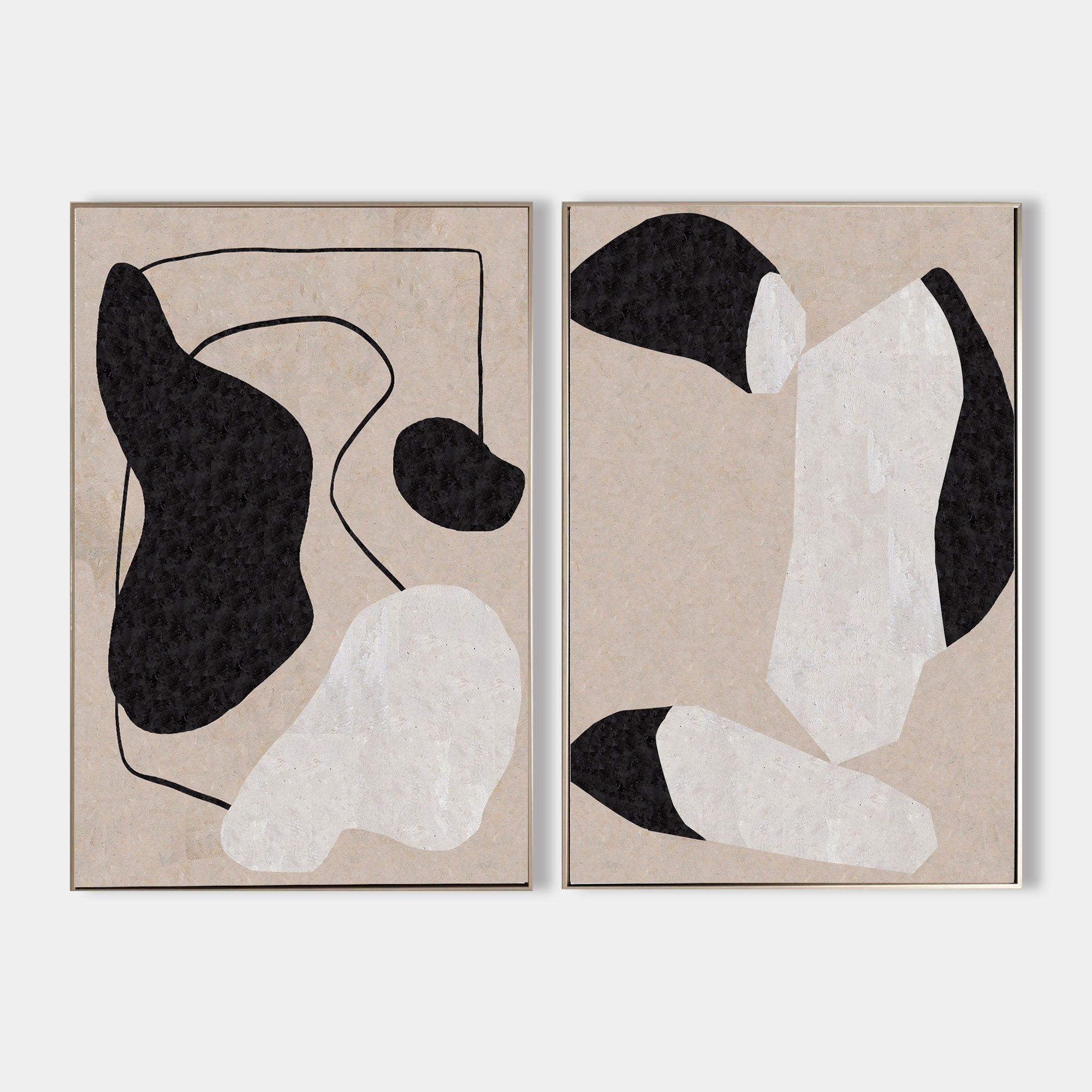 Original hand painted black white organic shapes abstract oil painting canvas set of 2, nordic scandinavian minimalist elegant luxury m