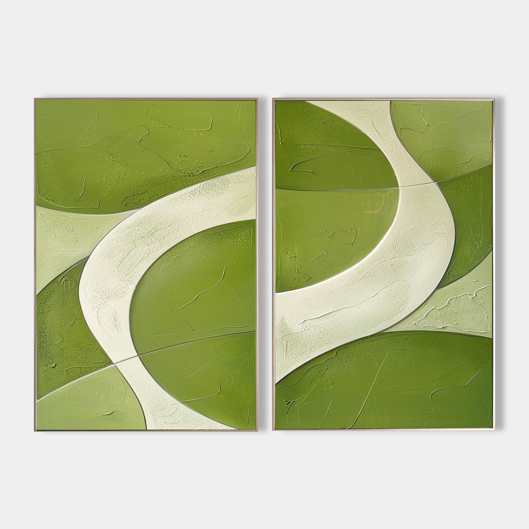 Original hand painted sage green ivory abstract oil painting canvas diptych wall art, nordic scandinavian minimalist elegant luxury mod